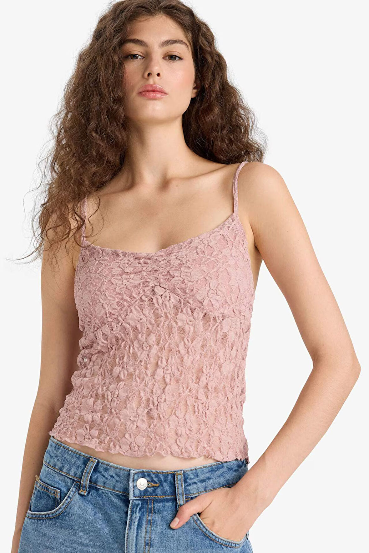 Slim Fit Dar Kesim V Yaka Dantel Askılı Atlet