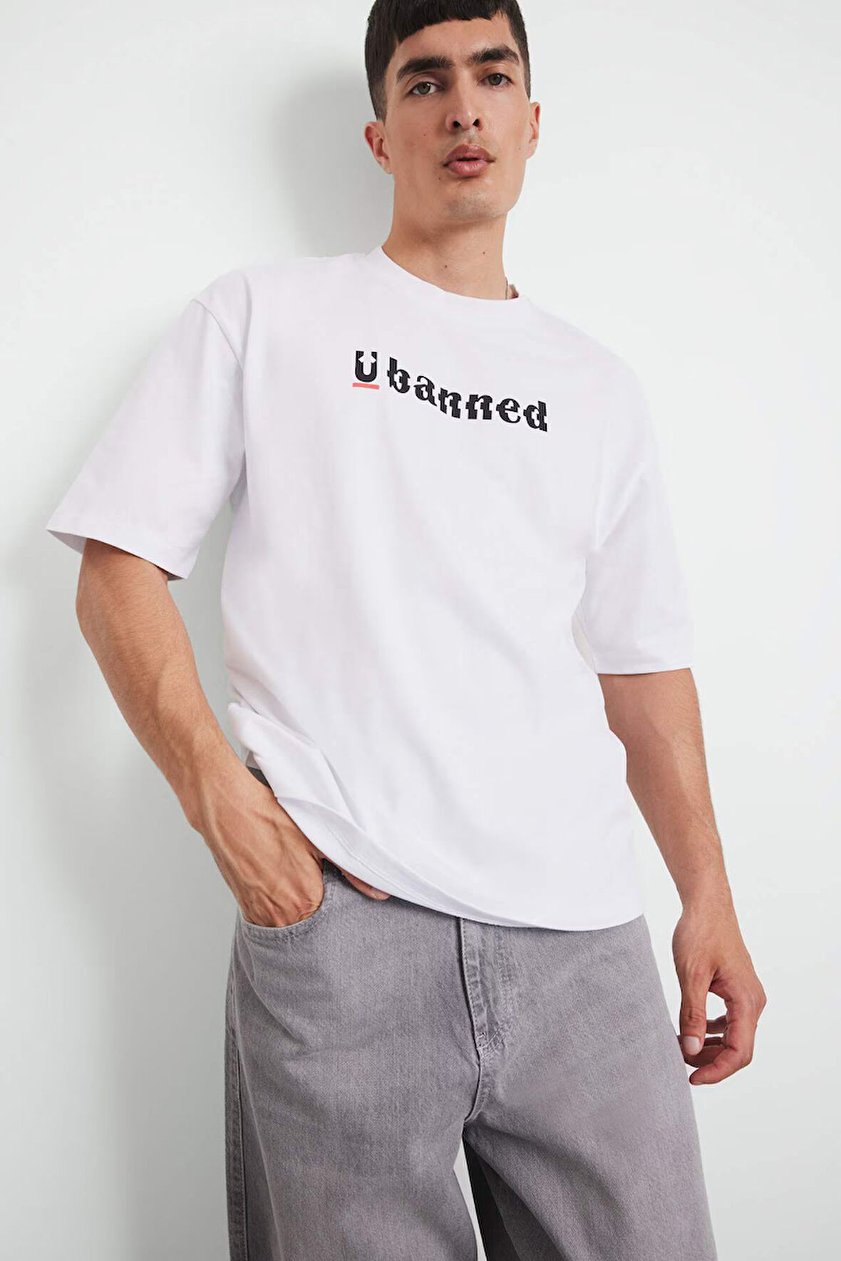 %100 Pamuk Loose Fit Bisiklet Yaka Baskılı Kısa Kollu Tişört