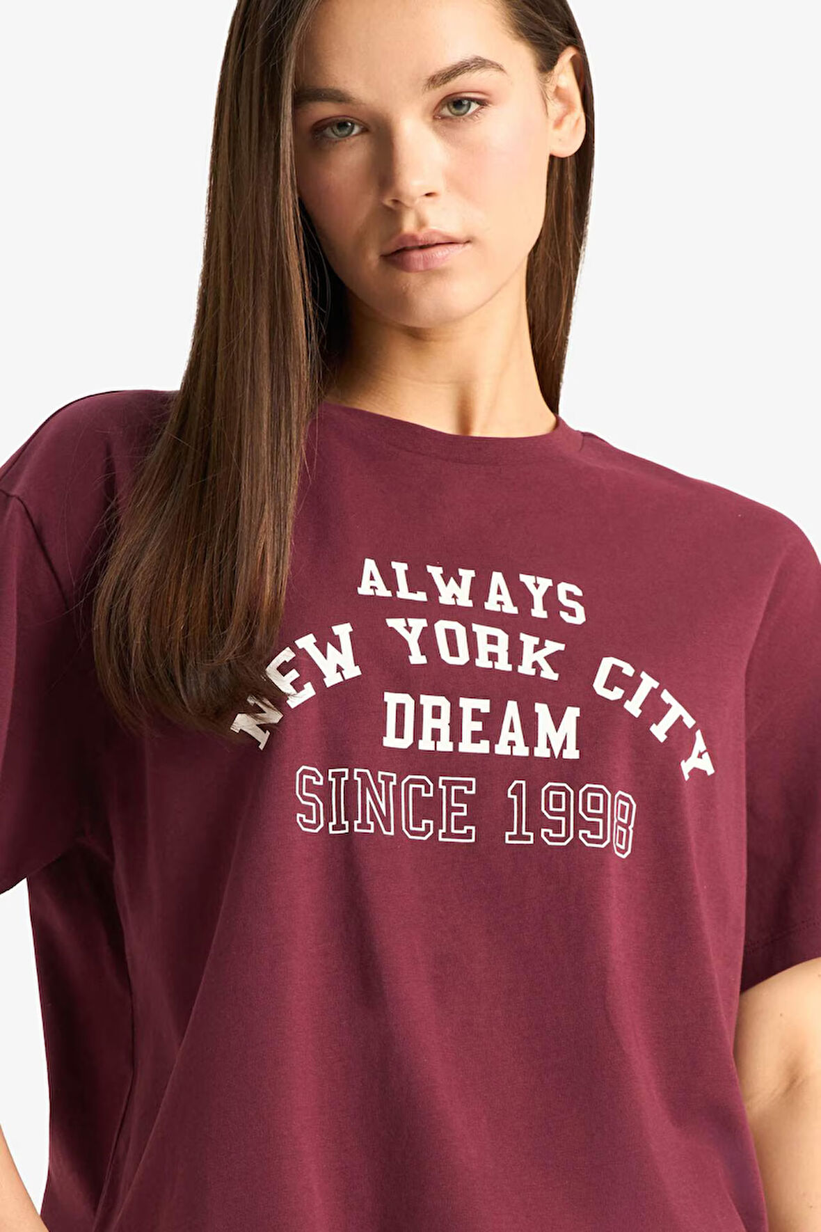 Oversize Geniş Kalıp Bisiklet Yaka Baskılı Kısa Kollu Tişört