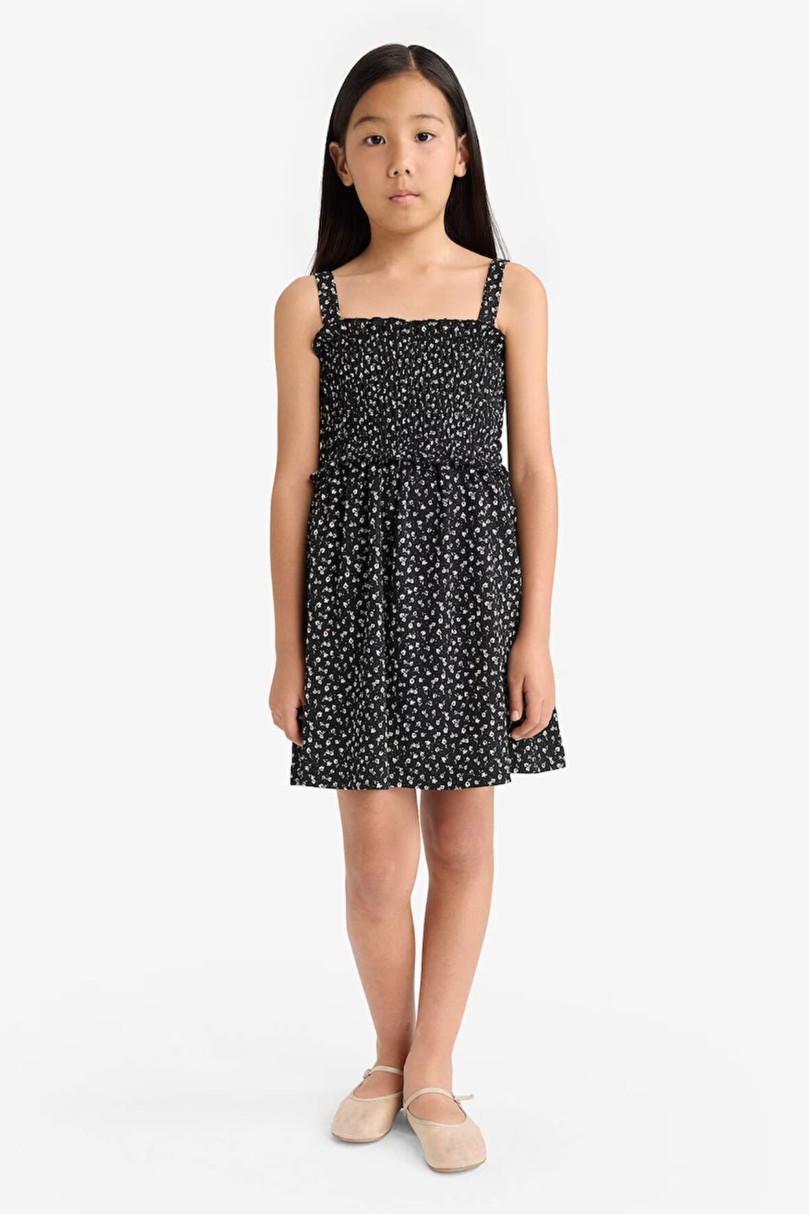 Kız Çocuk Çiçek Desenli Askılı Elbise