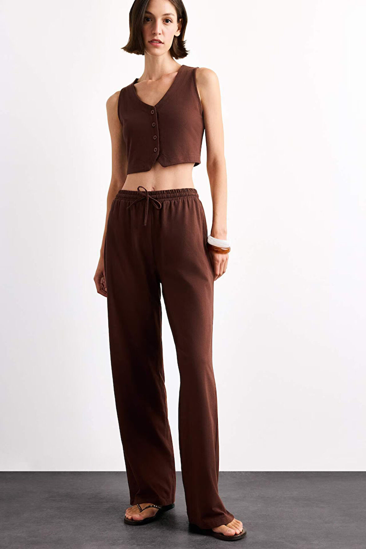 Fitted Çizgili Üç Cepli Uzun Pantolon