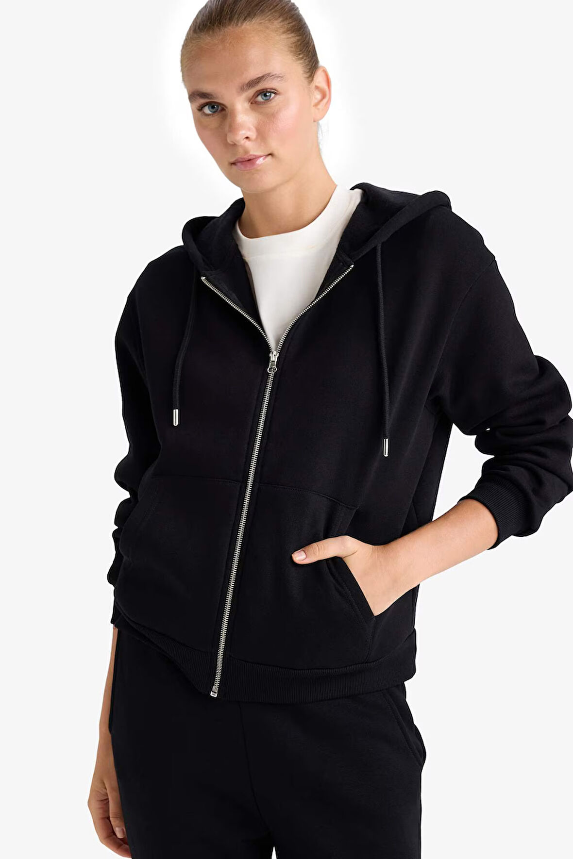 Relax Fit Kapüşonlu Basic Düz Kalın Fermuarlı Sweatshirt