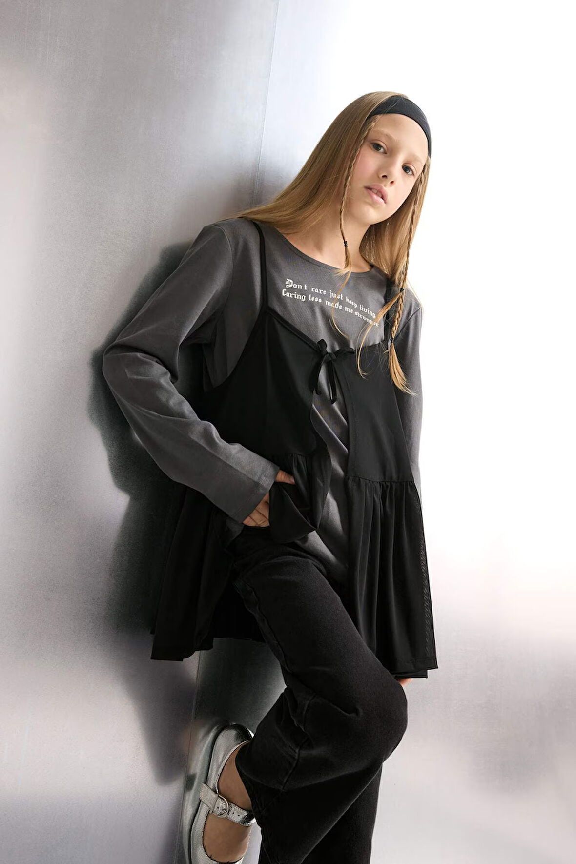 Kız Çocuk Loose Fit Bisiklet Yaka Baskılı Uzun Kollu Tişört