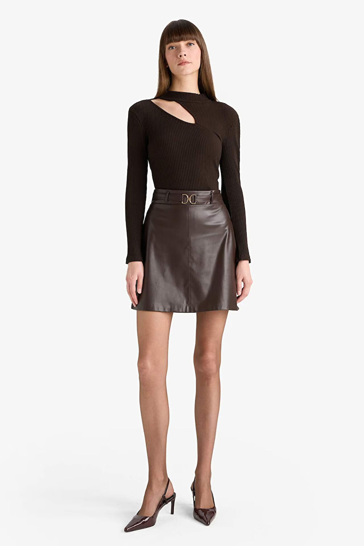 A Kesim Normal Bel Suni Deri Mini Etek