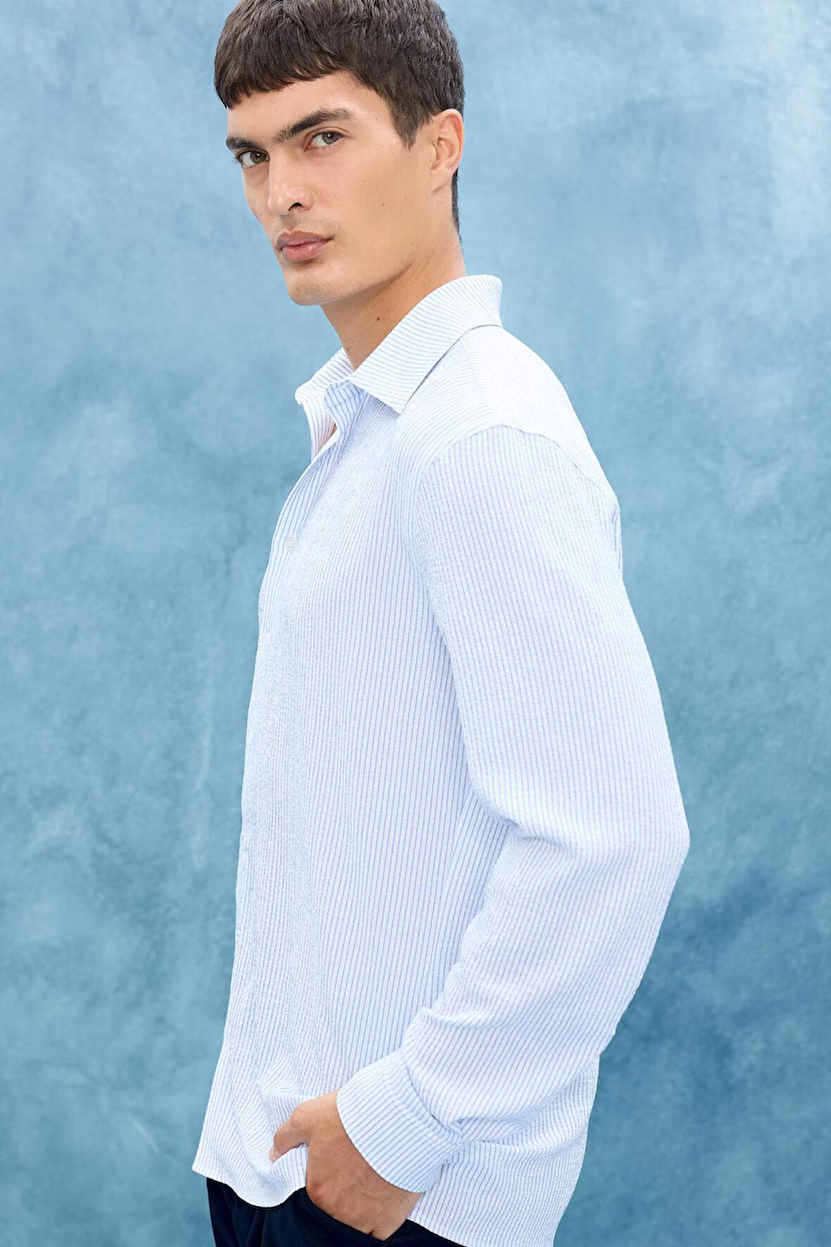 Okula Dönüş Modern Fit Polo Yaka Çizgili Krinkıl Uzun Kollu Gömlek