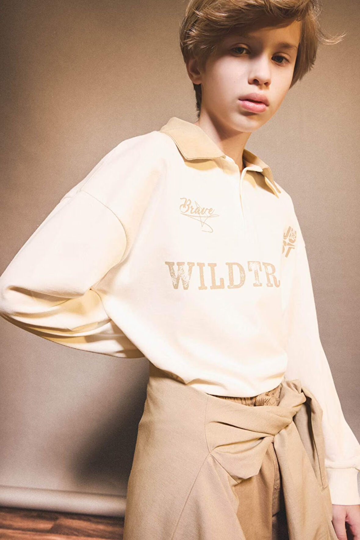 Erkek Çocuk Oversize Geniş Kalıp Polo Yaka Baskılı Uzun Kollu Tişört