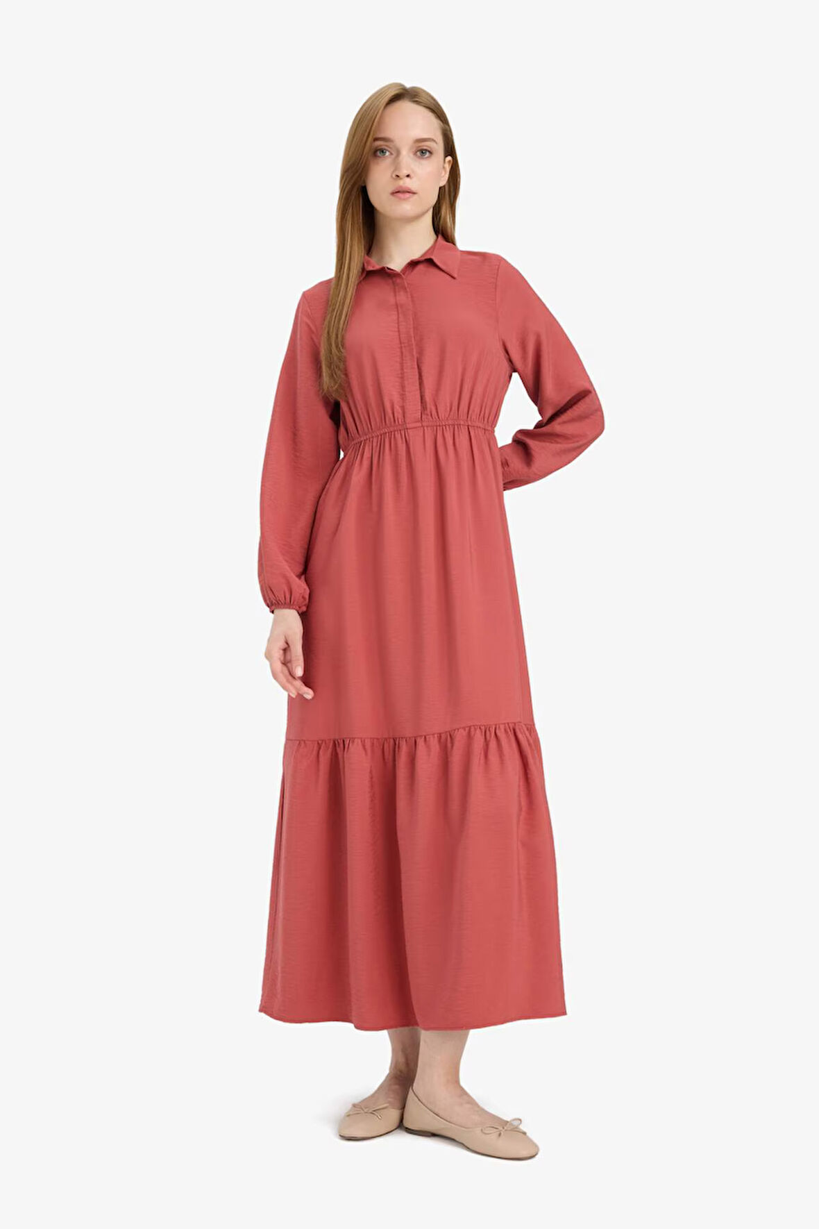 	Gömlek Yaka Basic Düz Düğmeli Beli Büzgülü Uzun Kollu Maxi  Elbise