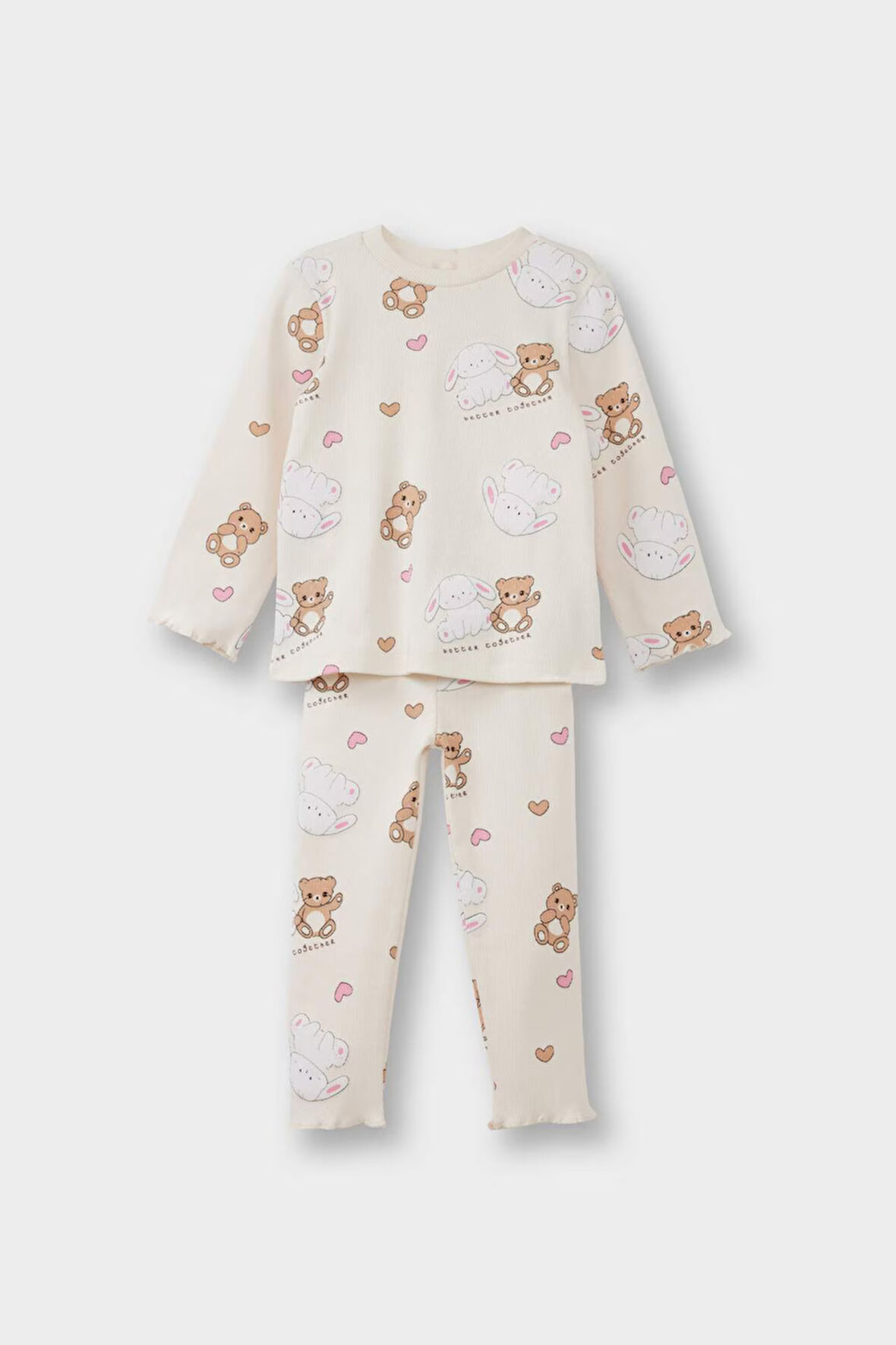 Kız Bebek Pijama Takımı Ayı Baskılı Uzun Kollu Fitilli Kaşkorse Üst Uzun Alt