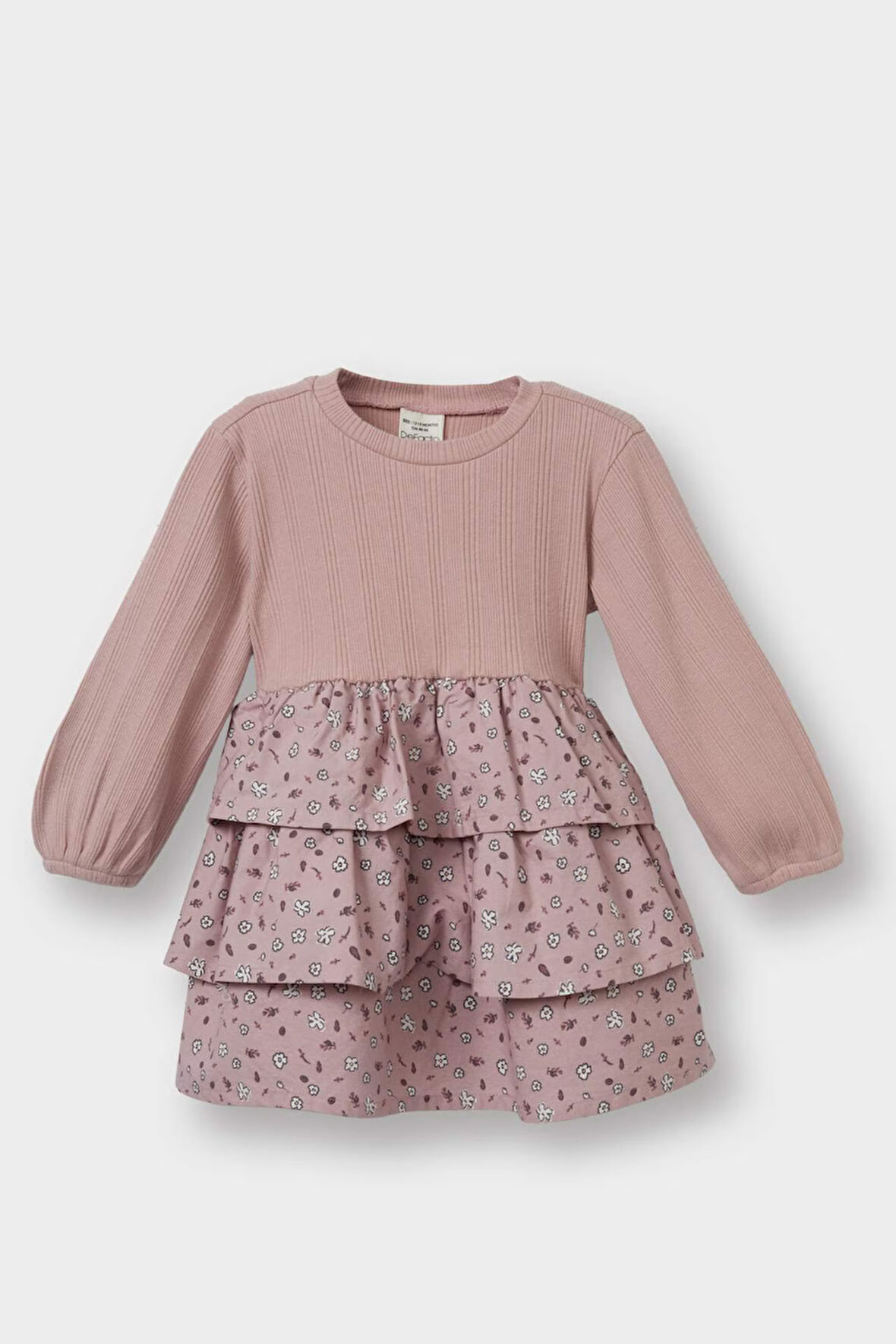 Kız Bebek Çiçekli Uzun Kollu Fitilli Kaşkorse Elbise