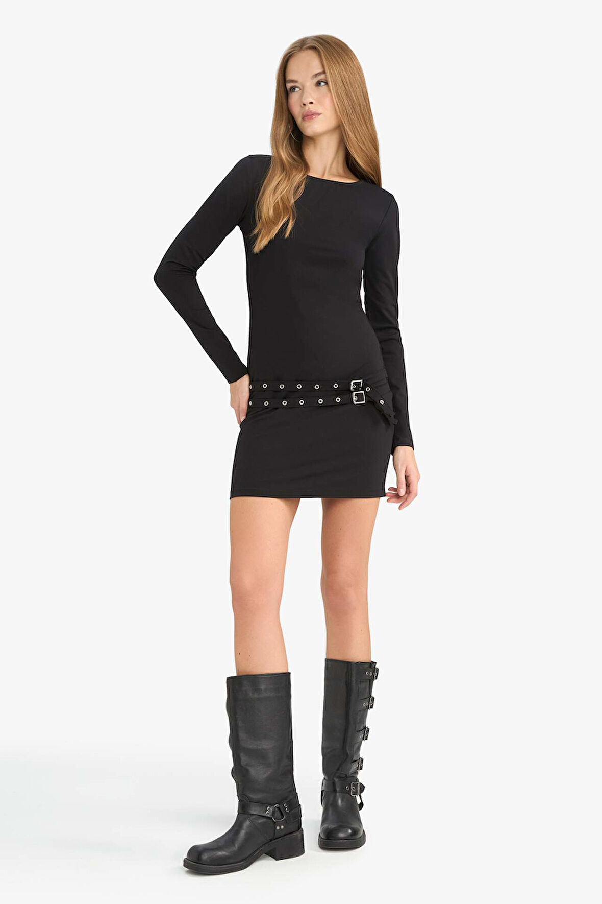 Afra x DeFacto Coool Bodycon Vücudu Saran Bisiklet Yaka Uzun Kollu Mini Elbise