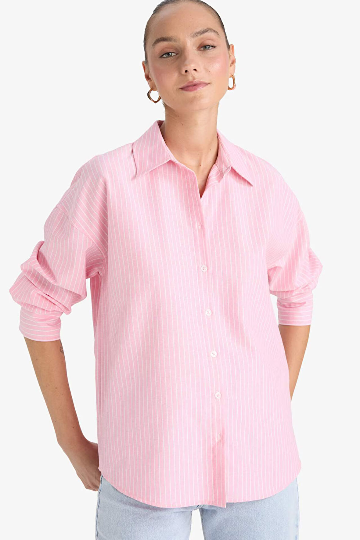 Oversize Geniş Kalıp Çizgili Oxford Uzun Kollu Gömlek