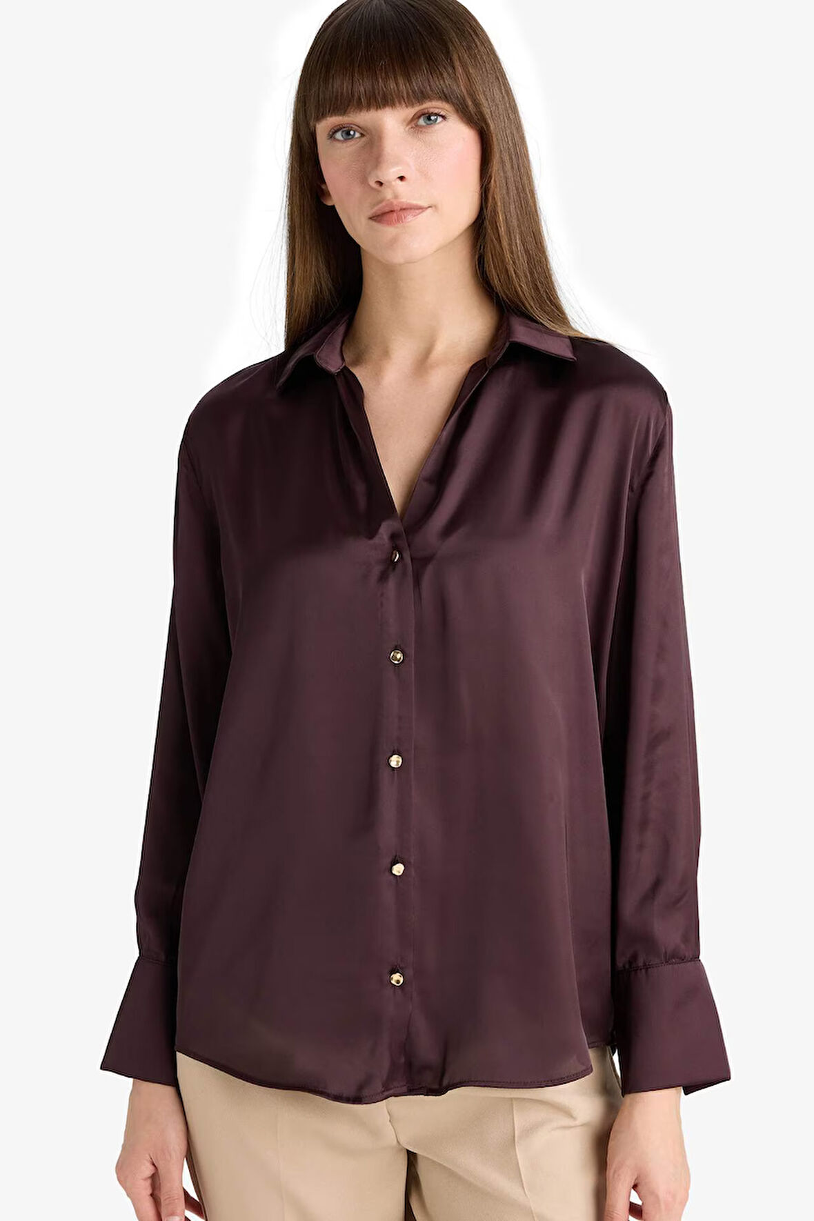 Regular Fit Gömlek Yaka Saten Uzun Kollu Gömlek