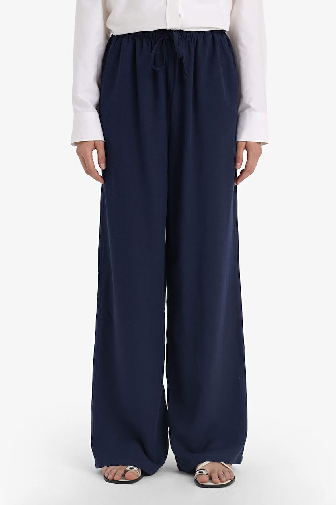 Wide Leg Cepli Yüksek Bel Standart Boy Keten Karışımlı Pantolon