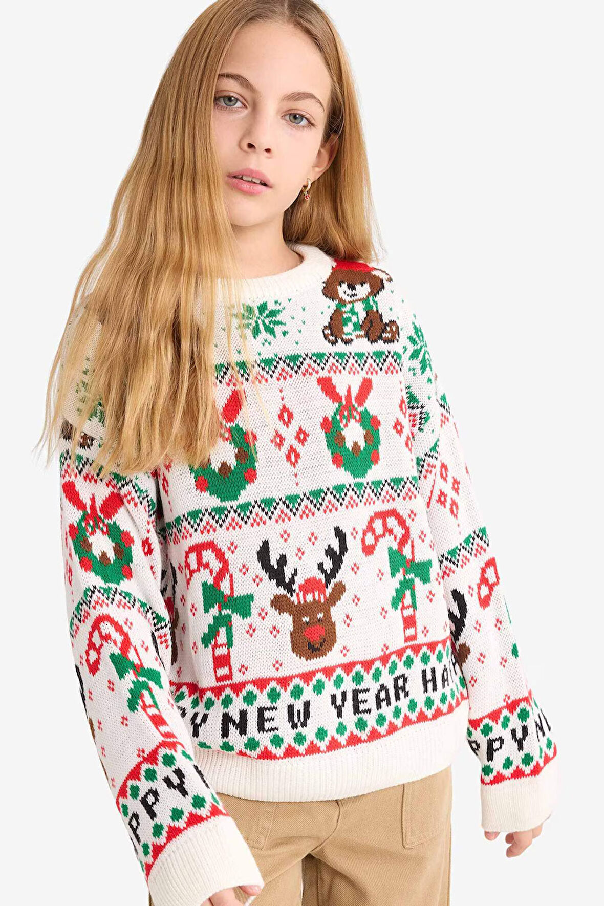 Kız Çocuk Yılbaşı Temalı Oversize Geniş Kalıp Bisiklet Yaka Kazak