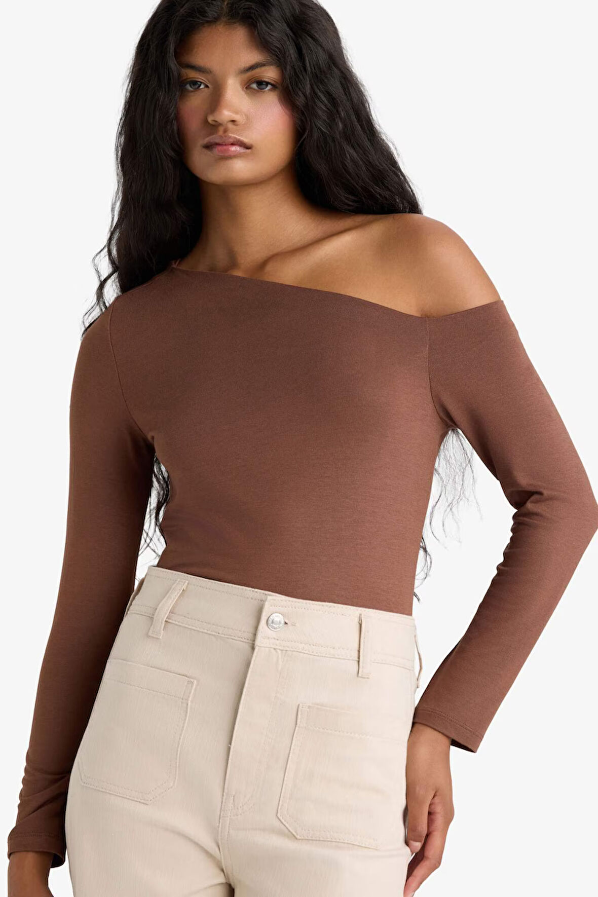 Slim Fit Dar Kesim Tek Omuzlu Uzun Kollu Tişört