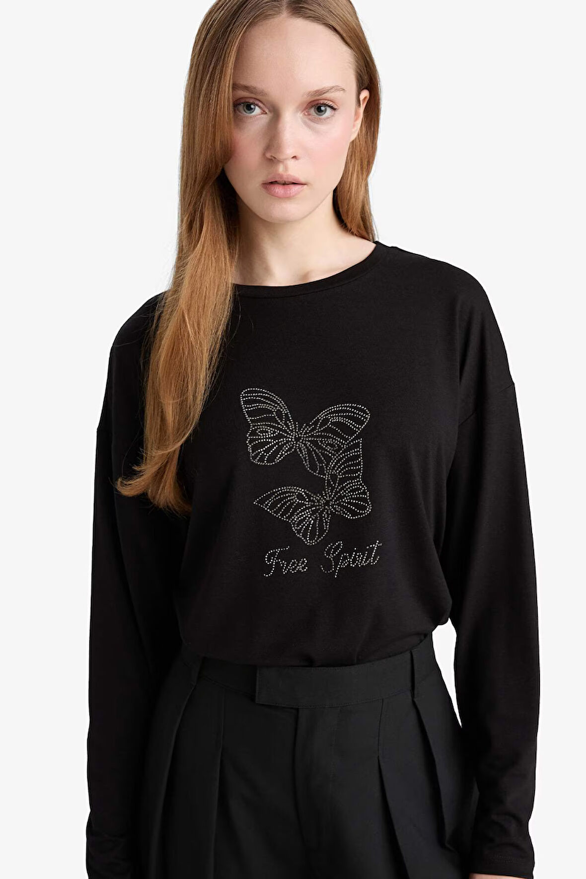 Relax Fit Bisiklet Yaka Uzun Kollu Tişört