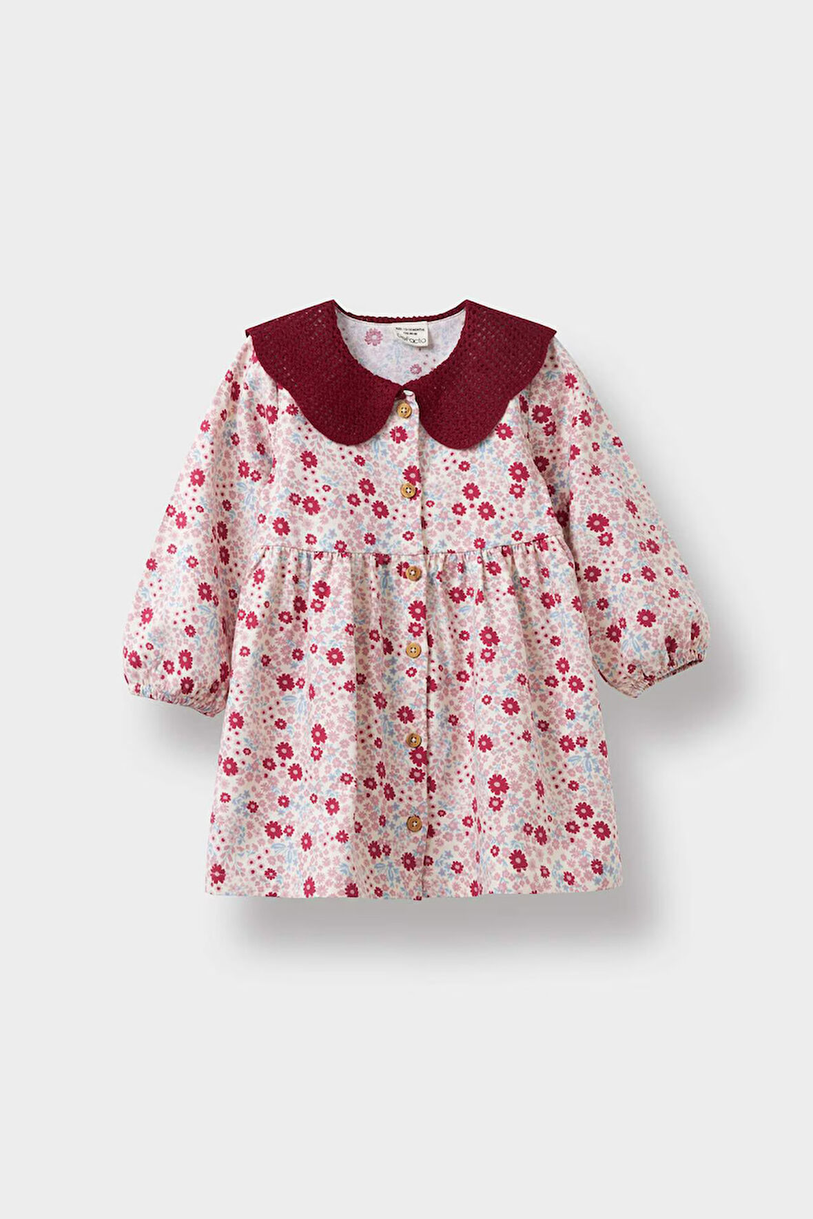 Kız Bebek Bebe Yaka Çiçekli Uzun Kollu Twill Elbise