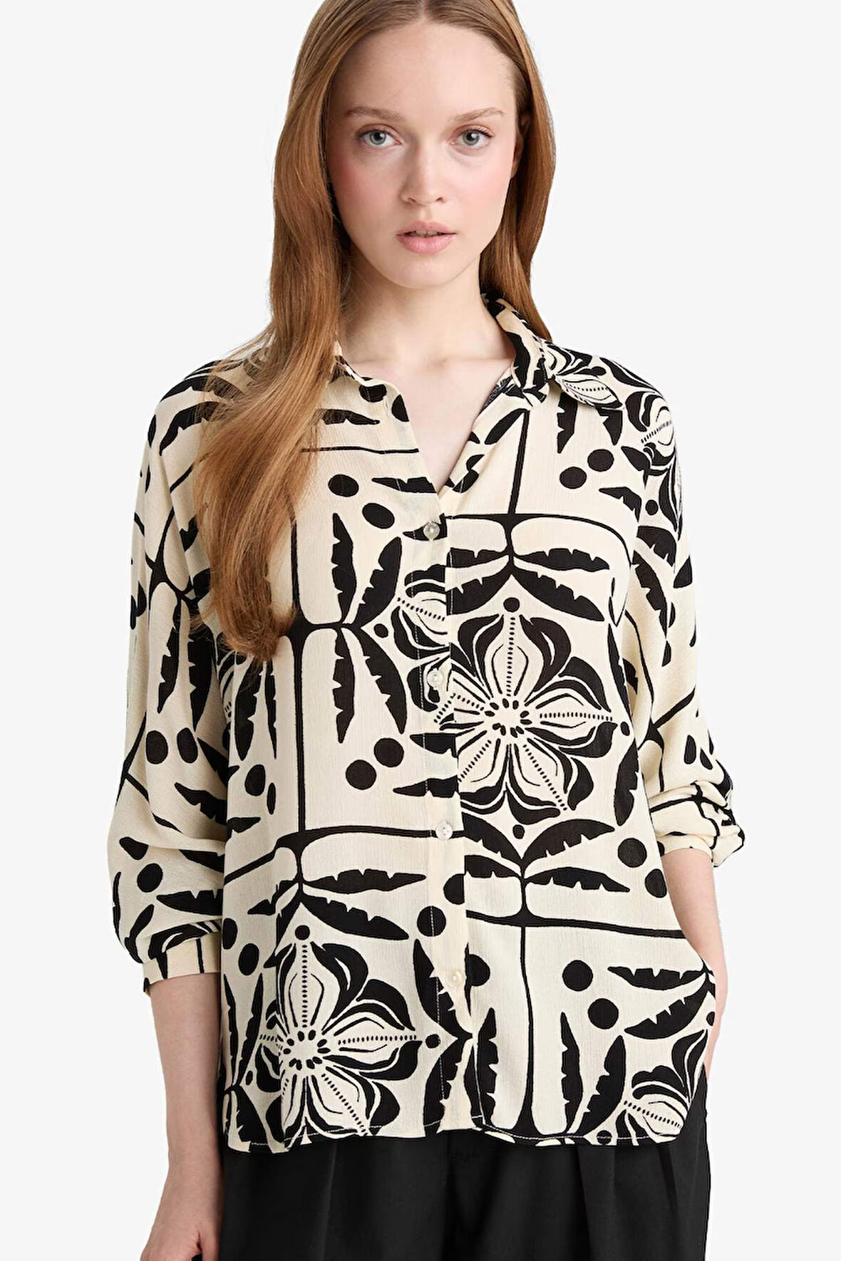 Regular Fit Gömlek Yaka Krinkıl Viskon Uzun Kollu Gömlek