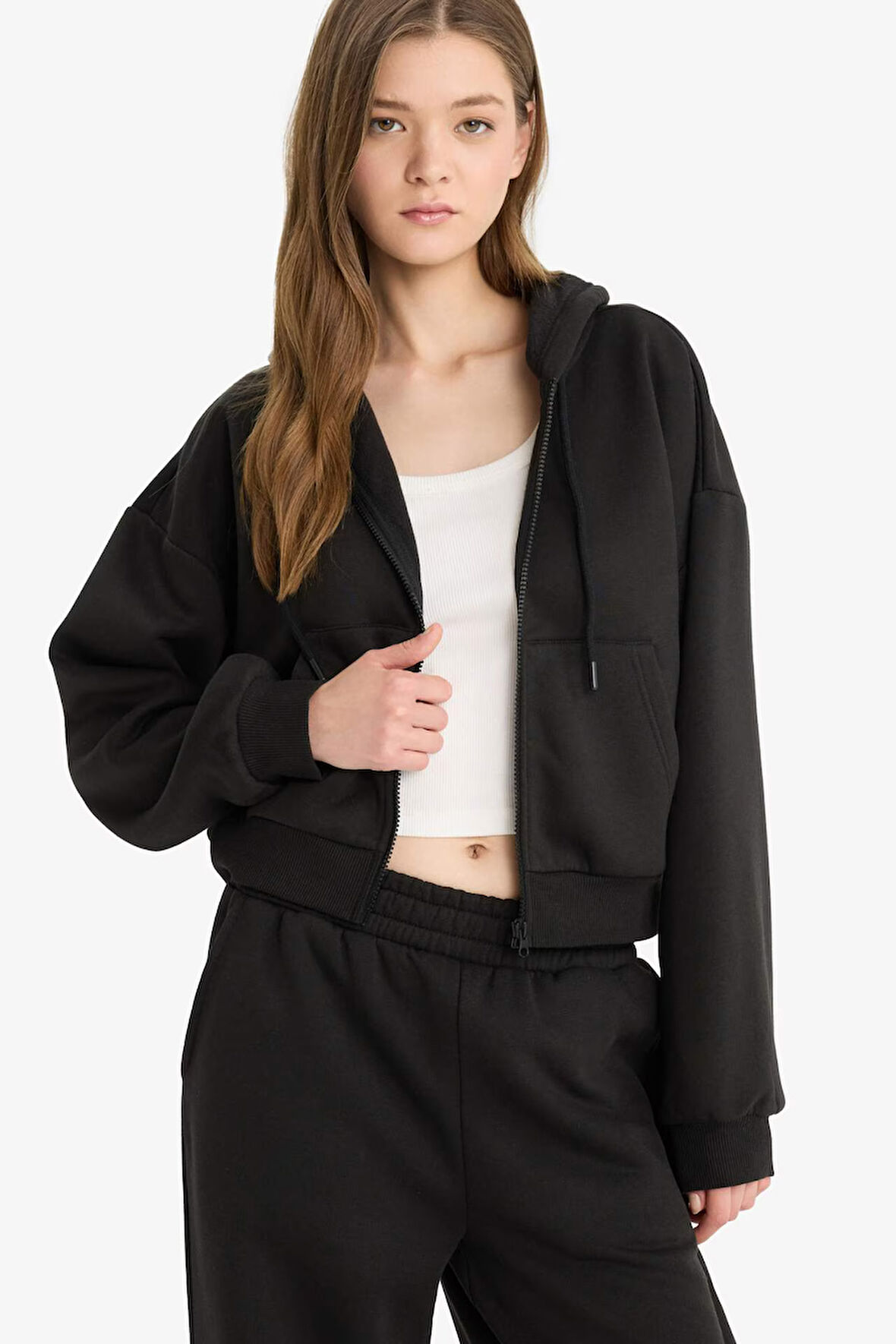 Coool Cropped Fit Kapüşonlu Kalın Fermuarlı Sweatshirt 