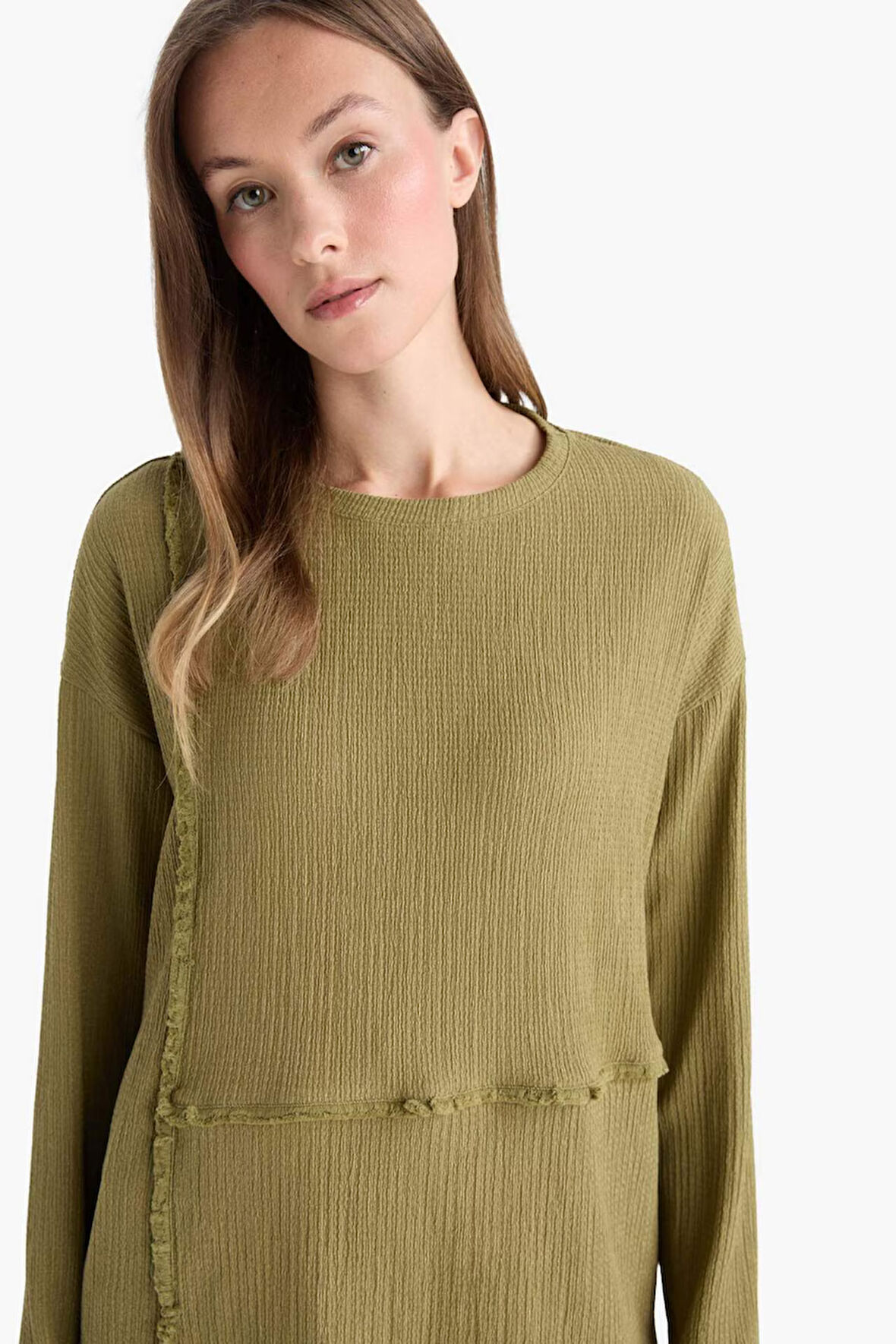 Relax Fit Bisiklet Yaka Bürümcük Uzun Kollu Tişört