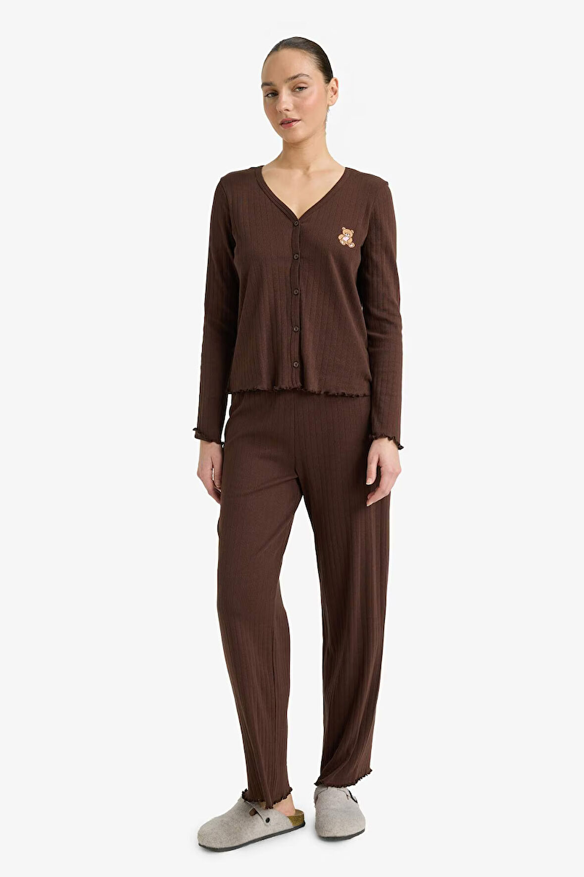 Pijama Takımı Regular Fit Ayıcıklı Uzun Kollu Üst Uzun Alt