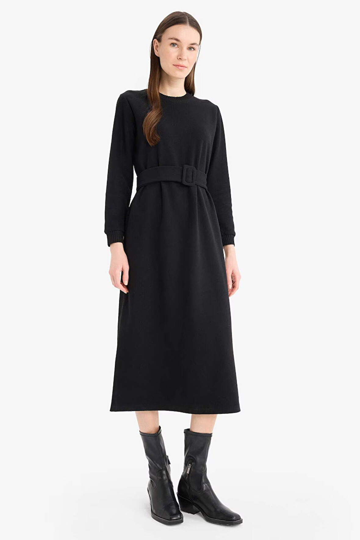 Bisiklet Yaka Basic Düz Selanik Kumaş Midi Elbise