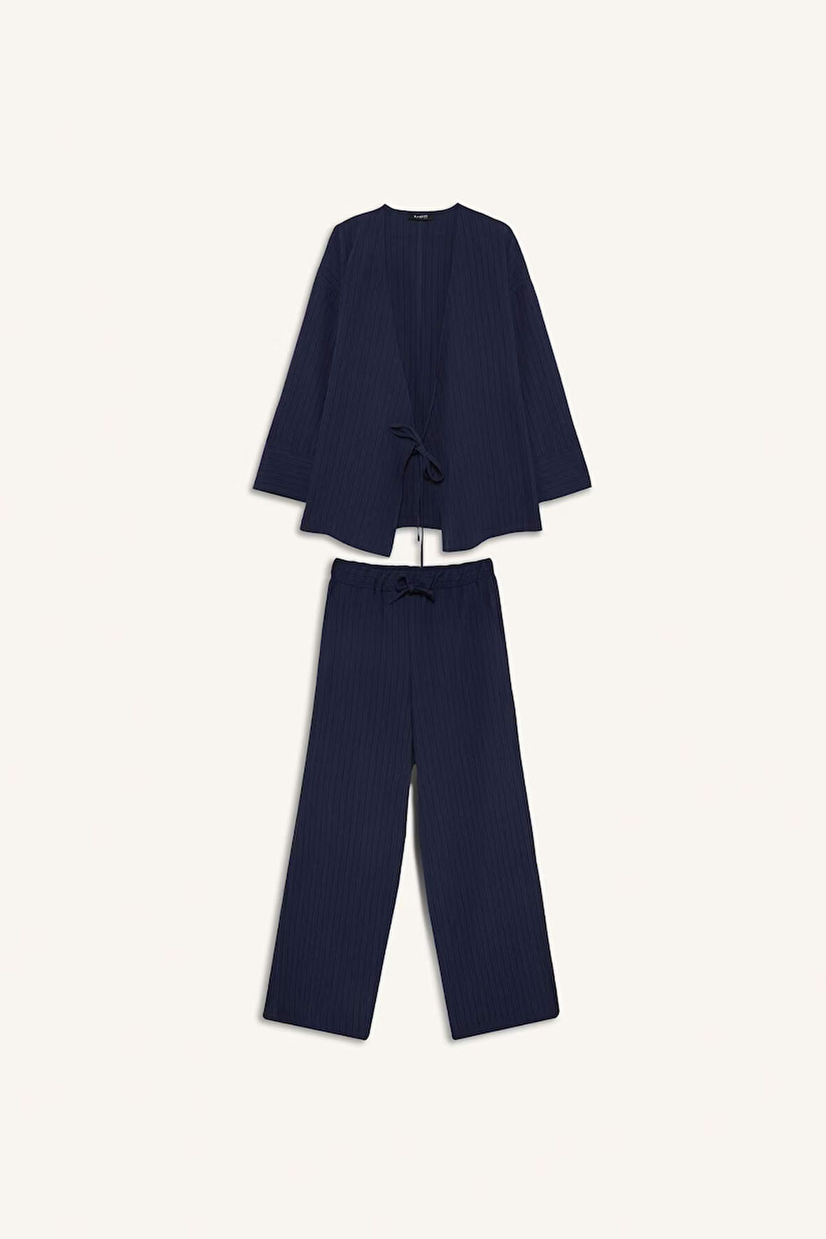Relax Fit 2'li Takım Gofre Dokulu Uzun Kollu Kimono Pantolon