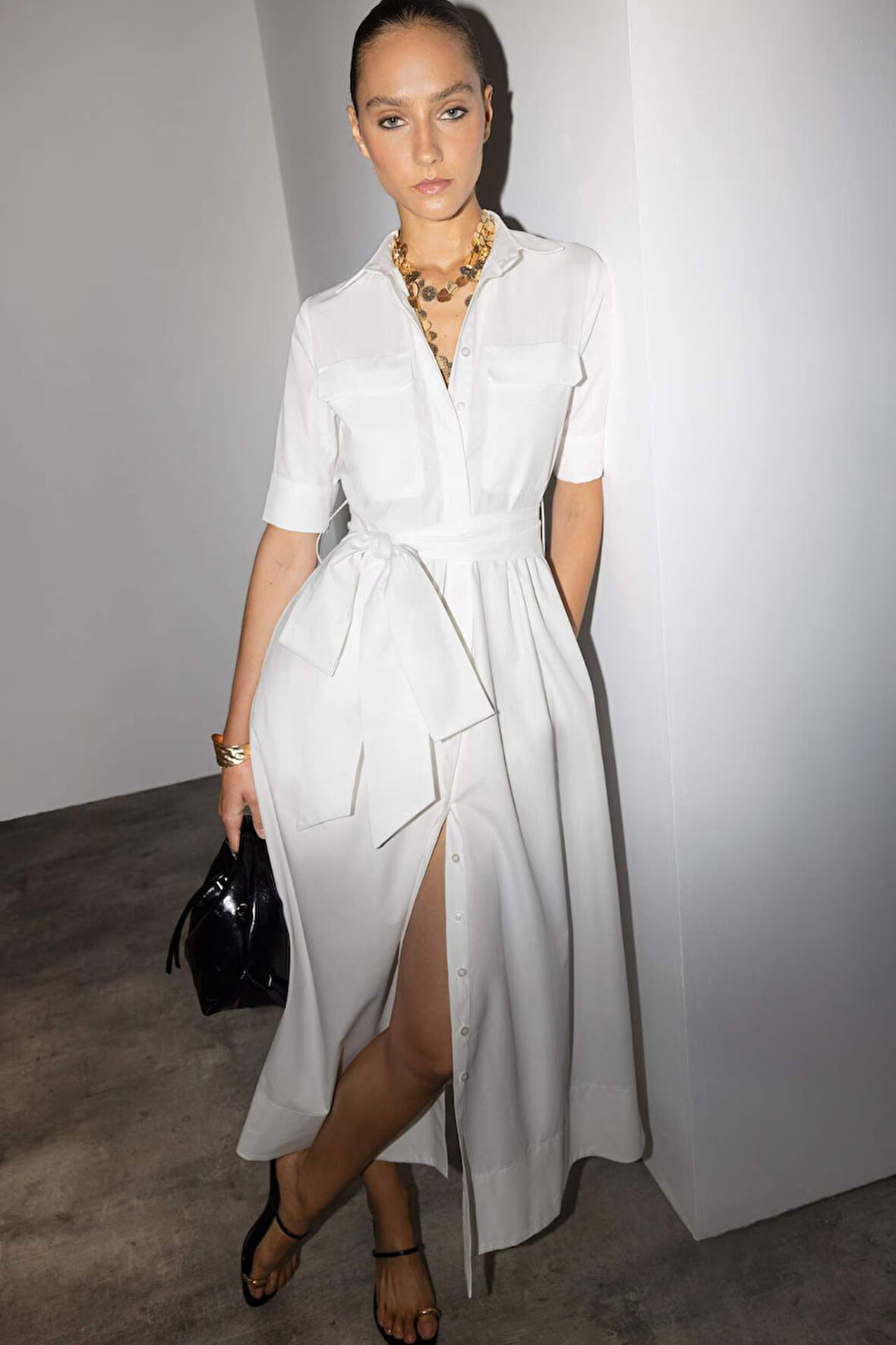 Gömlek Yaka Poplin Bağlama Detaylı Kısa Kollu Midi Elbise