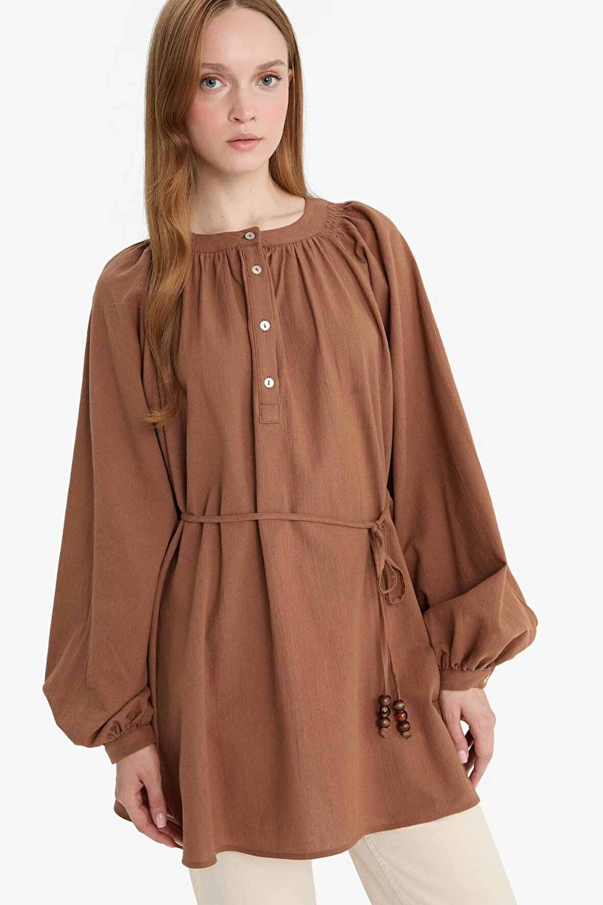 Müslin Basic Düz Bağcıklı Uzun Kollu Tunik