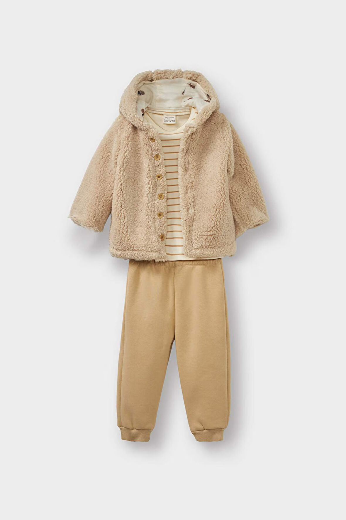 Erkek Bebek 3'lü Takım Pelüş Kapüşonlu Hırka Çizgili Uzun Kollu Tişört Eşofman Altı 