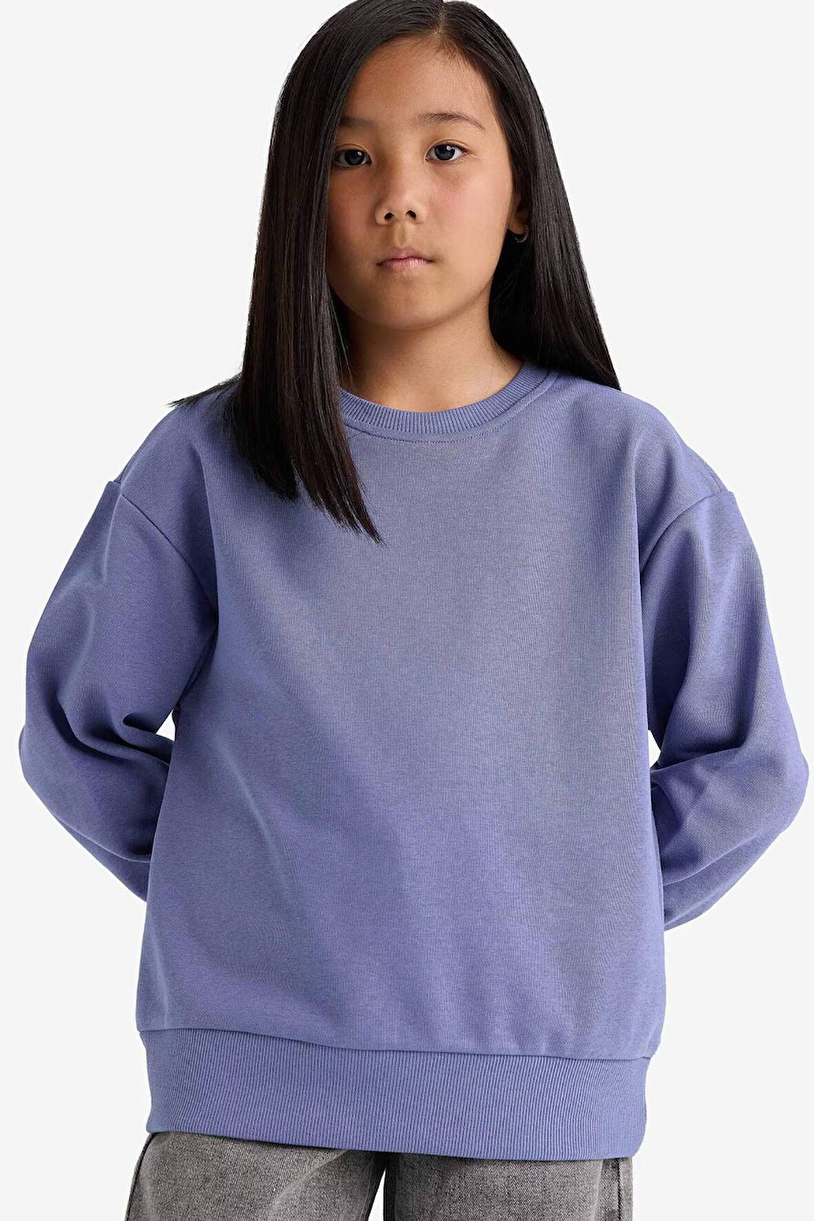 Kız Çocuk Relax Fit Bisiklet Yaka Basic Düz Sweatshirt