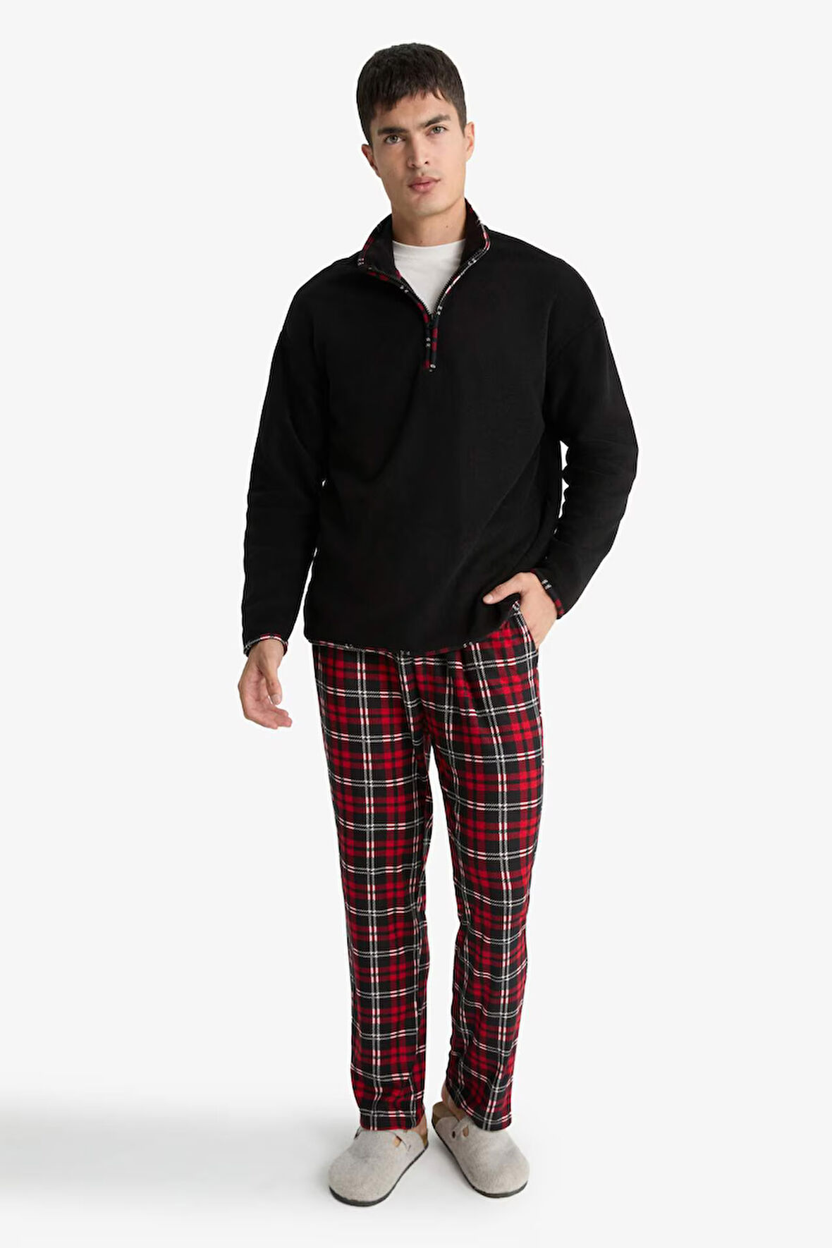 Regular Fit Cepli Polar Kareli Pijama Altı