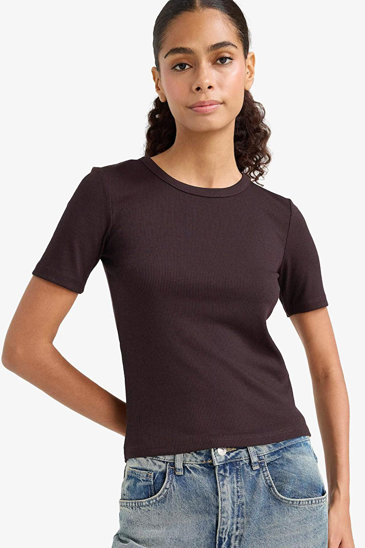 Slim Fit Dar Kesim Bisiklet Yaka Basic Düz Fitilli Kaşkorse Kısa Kollu Tişört