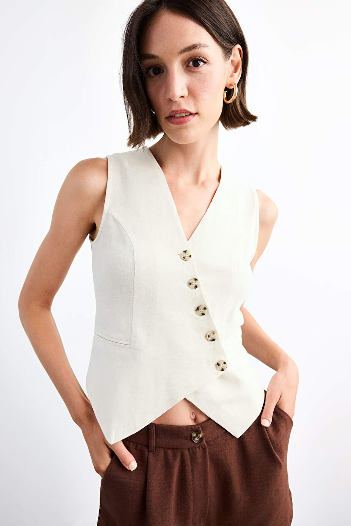 Slim Fit Dar Kesim V Yaka Keten Yelek