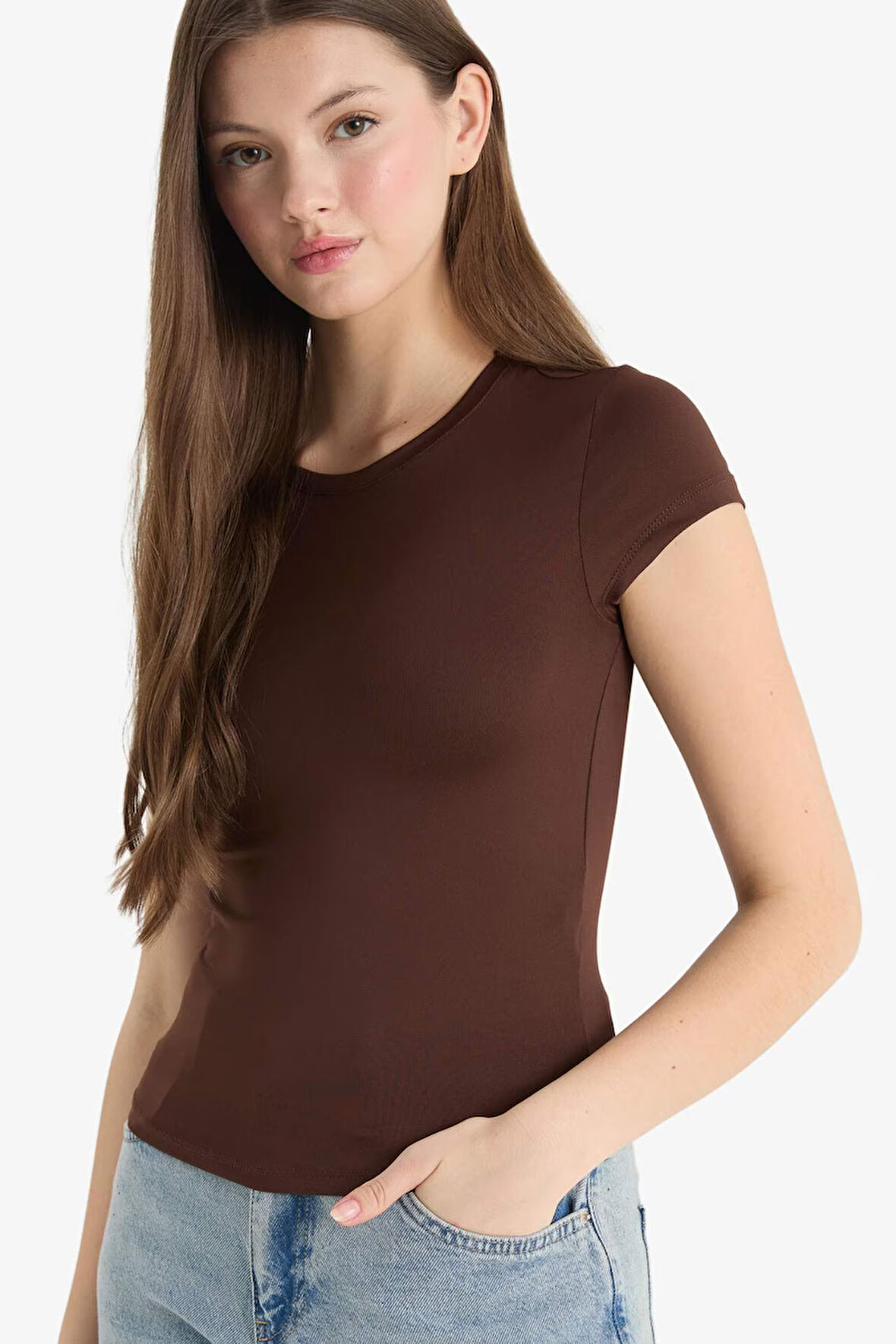 Fitted Bisiklet Yaka Kısa Kollu Tişört