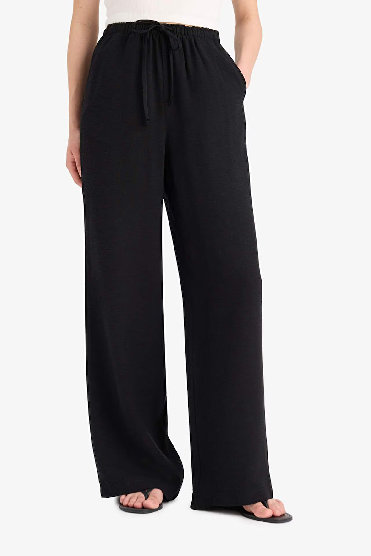 Wide Leg Cepli Yüksek Bel Standart Boy Keten Karışımlı Pantolon