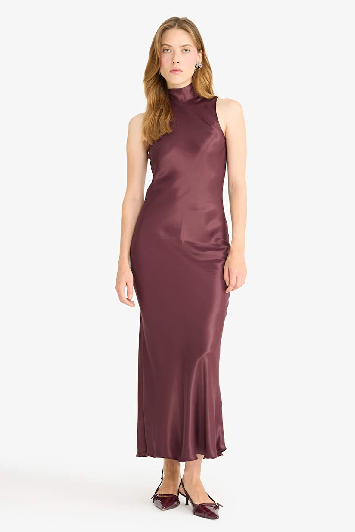 Regular Fit Saten Kolsuz Maxi Elbise