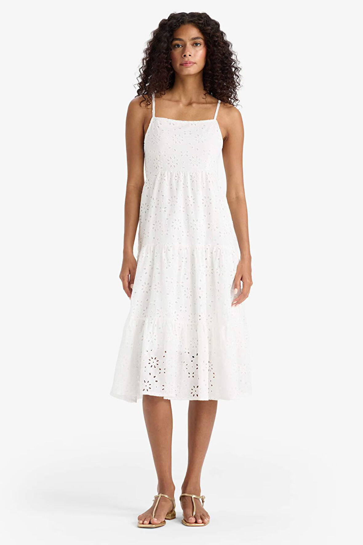 Kare Yaka Terry Cotton Beyaz Askılı Midi Elbise