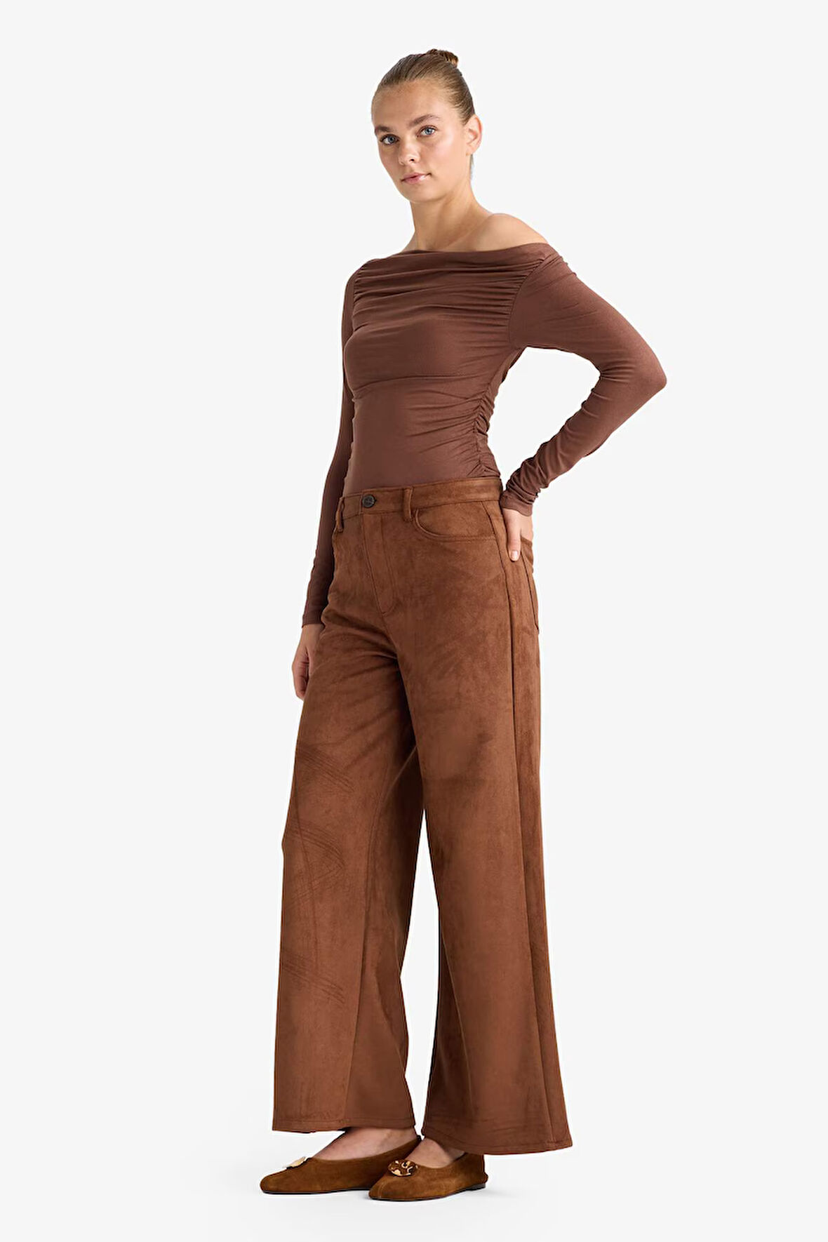 Straight Fit Fermuarlı Yüksek Bel Standart Boy Süet Pantolon