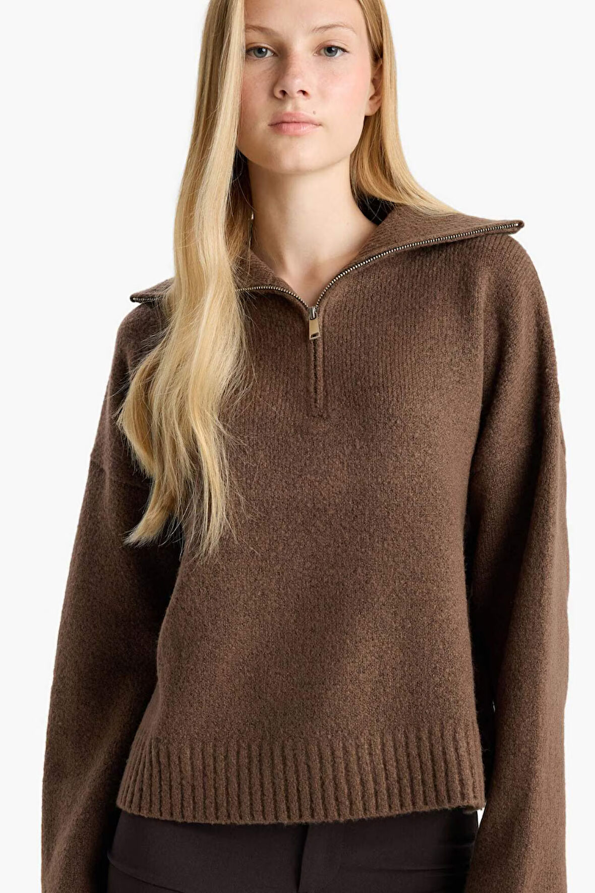 Oversize Geniş Kalıp Polo Yaka Fermuarlı Kazak