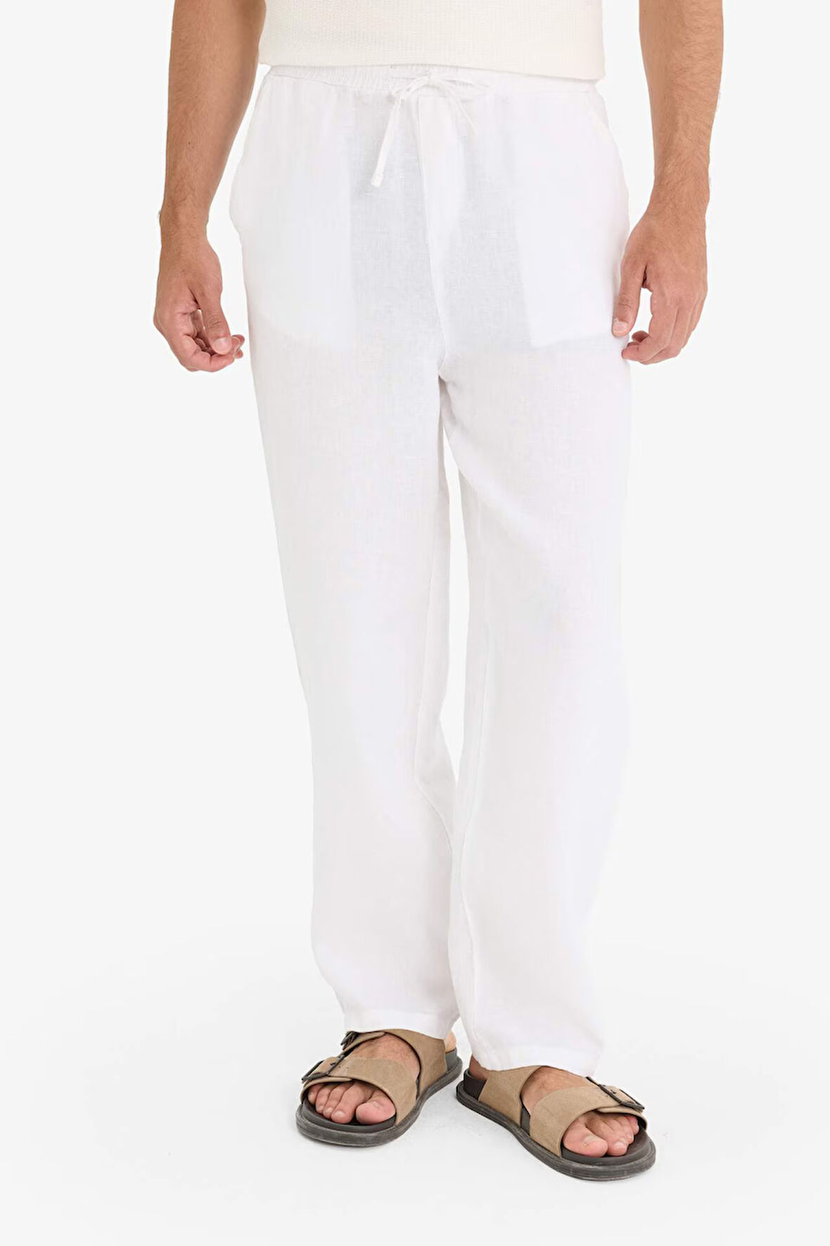 %100 Keten Relax Fit Üç Cepli Geniş Paça Pantolon