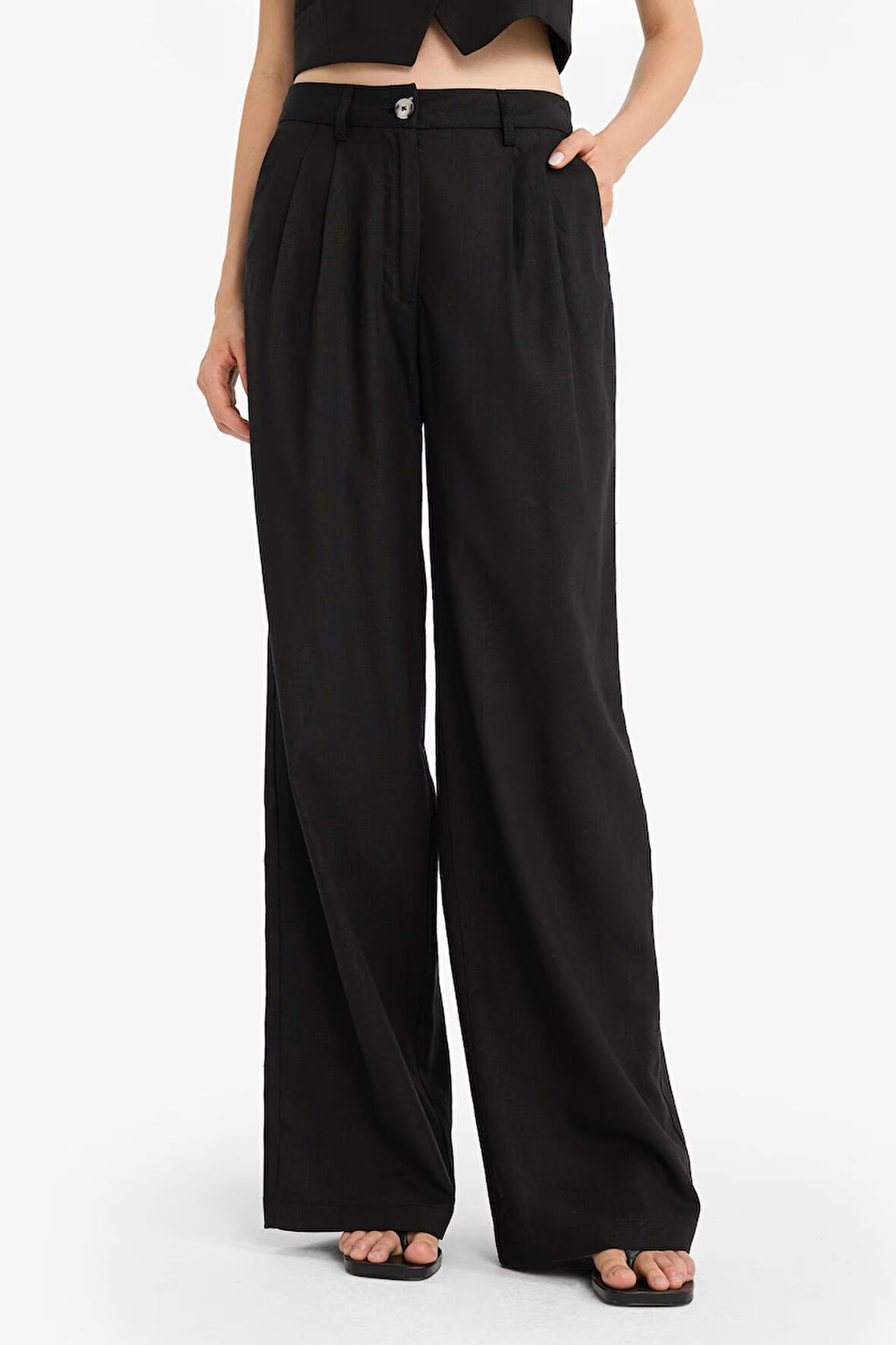 Wide Leg Çift Cepli Yüksek Bel Standart Boy Keten Karışımlı Pantolon