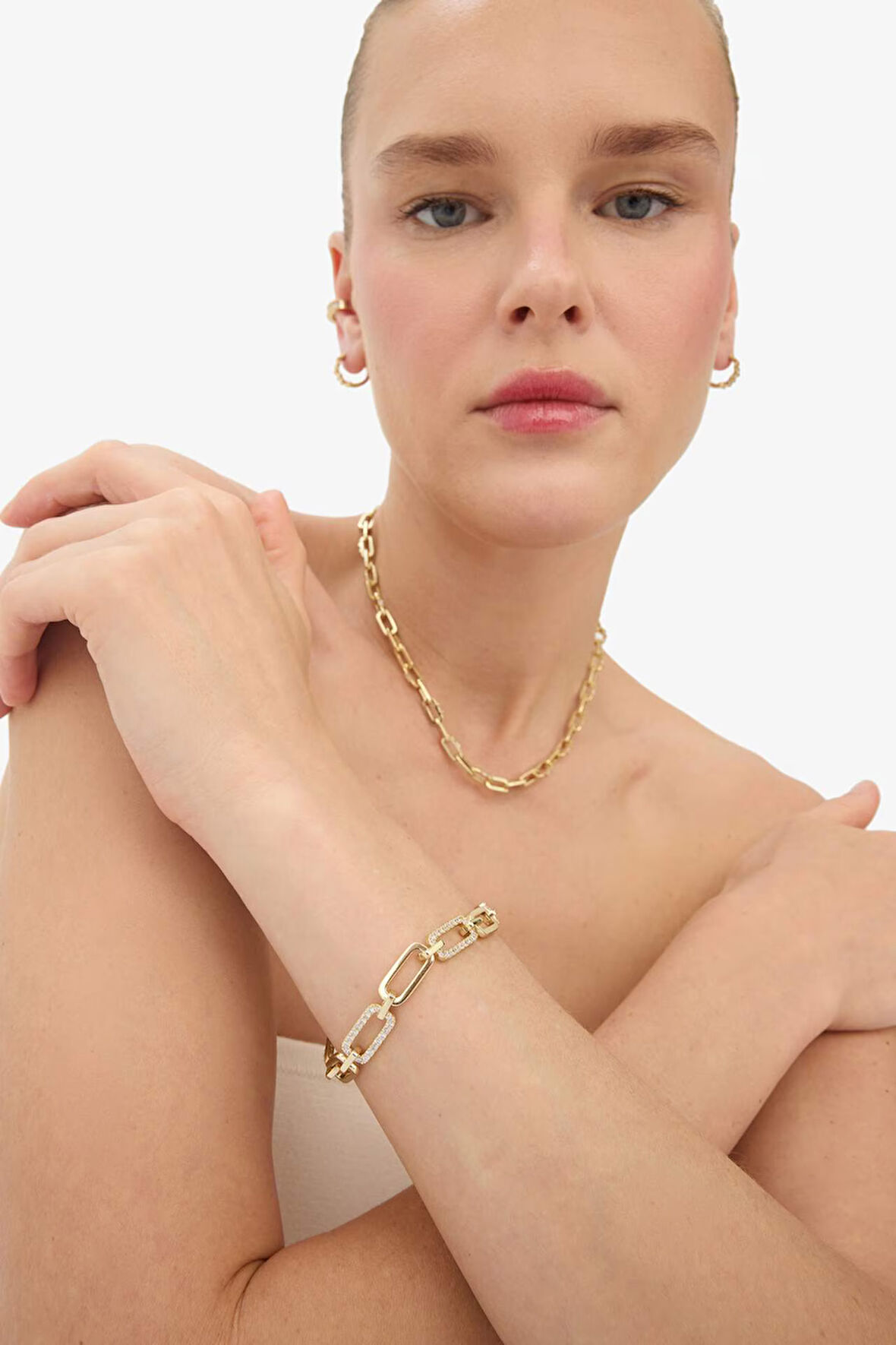 Reis x DeFacto 14 Ayar Altın Kaplama Punk Bracelet Kadın Kalın Ataç Zincir Taşlı Gold Bileklik