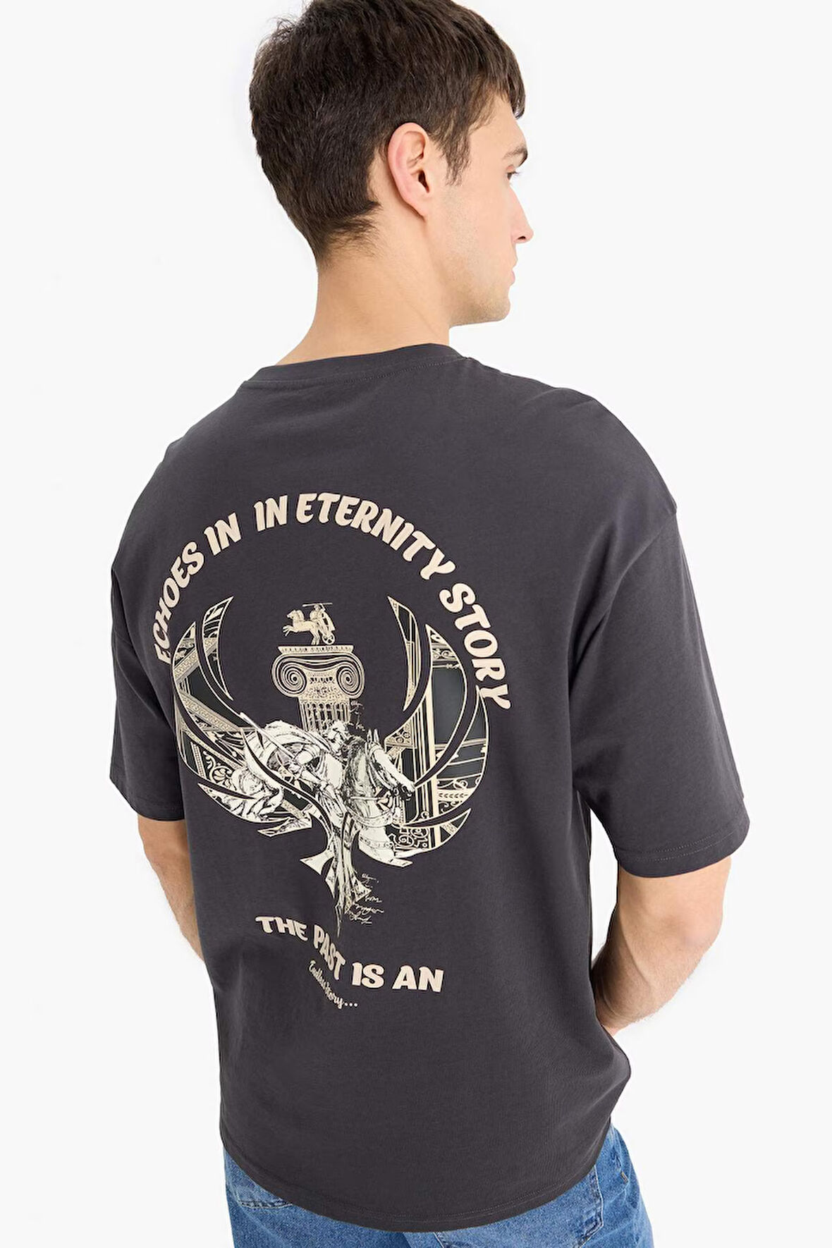 DeFacto %100 Pamuk Boxy Fit Bisiklet Yaka Sırt Baskılı Kısa Kollu Tişört F1092AX25AUAR138