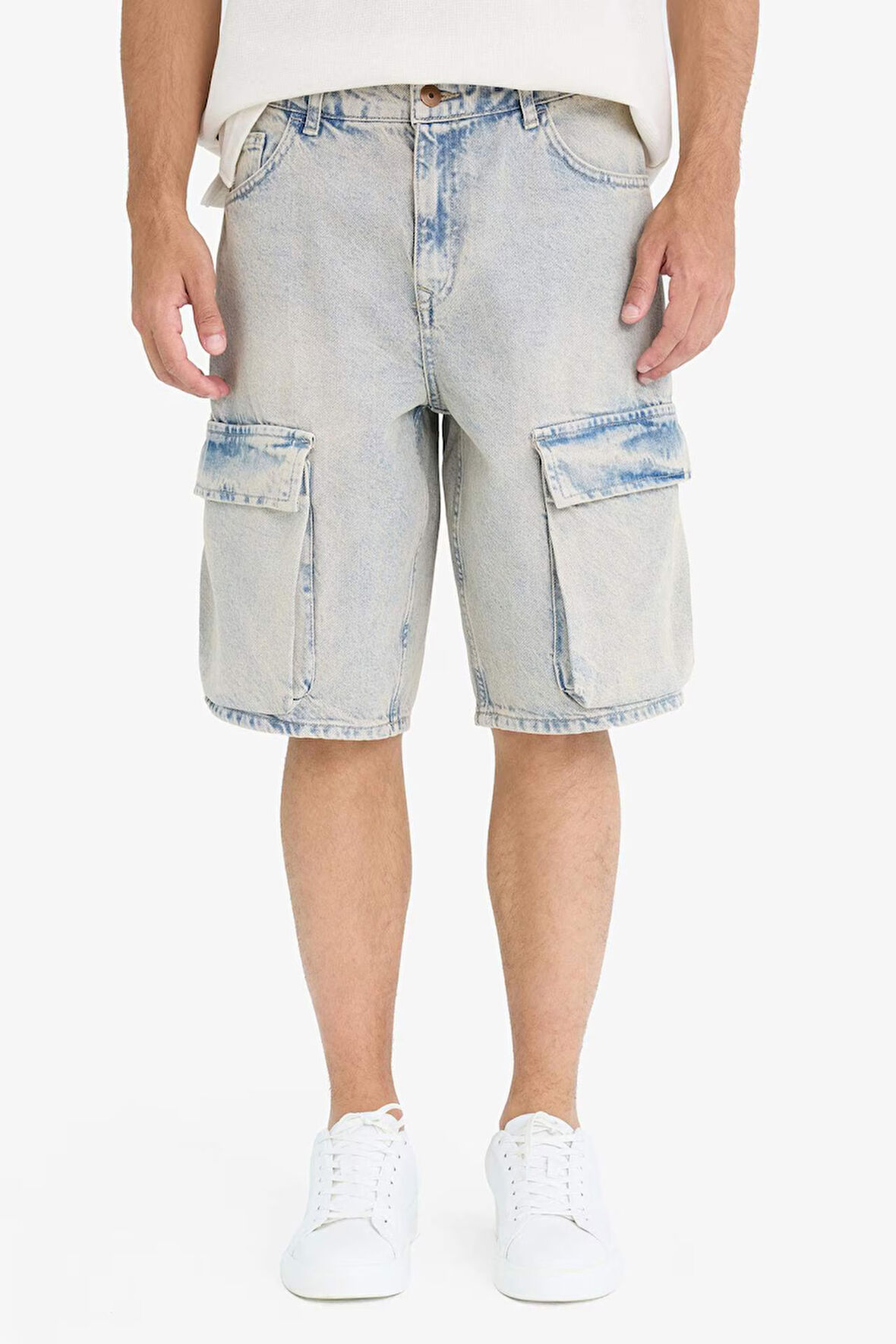 %100 Pamuk Baggy Fit Kargo Cepli Jean Bermuda Şort