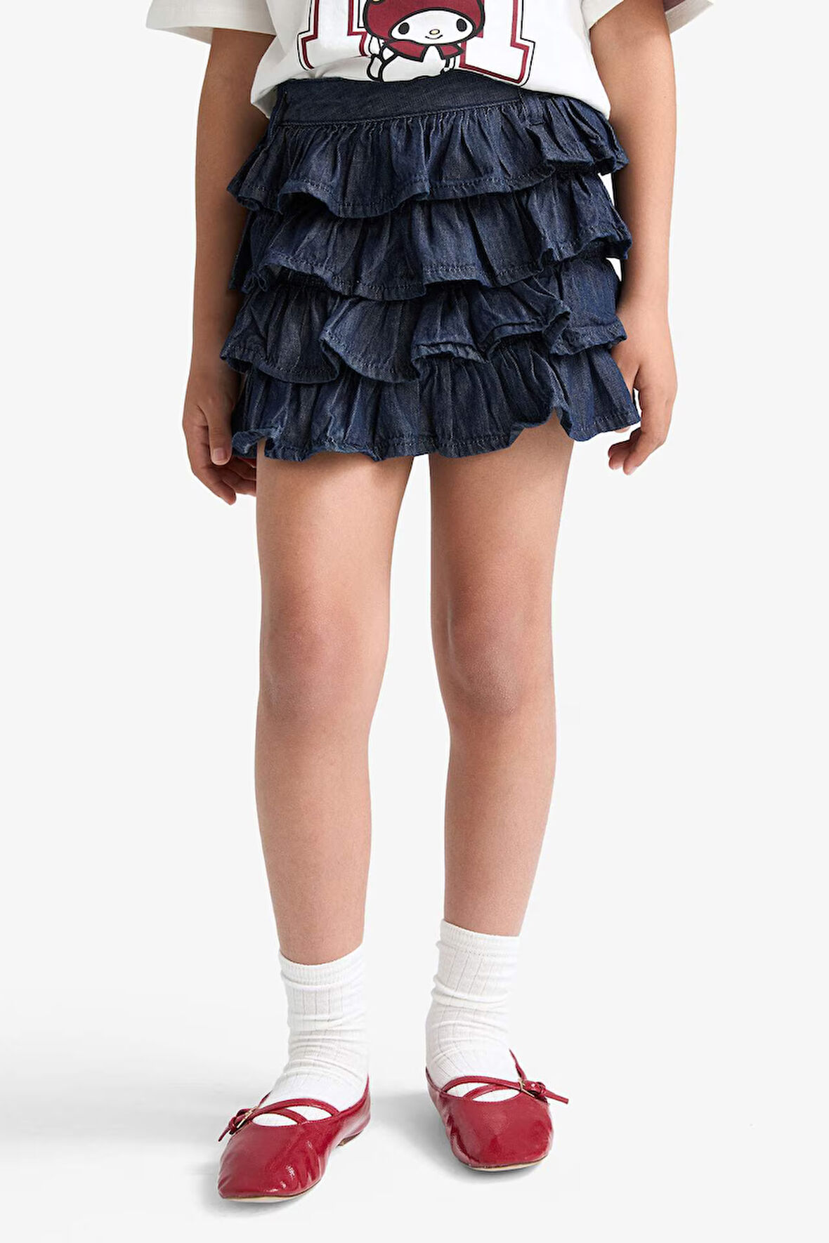 Kız Çocuk Beli Lastikli Katlı Jean Etek