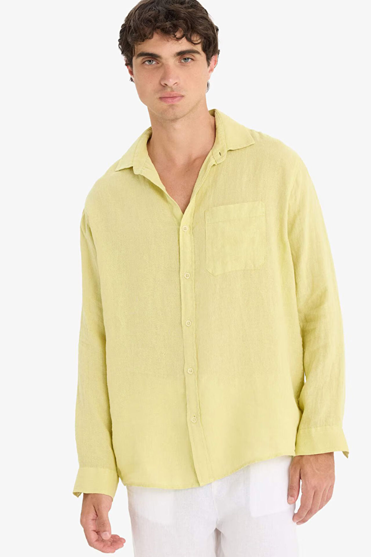 %100 Keten Relax Fit Uzun Kollu Gömlek
