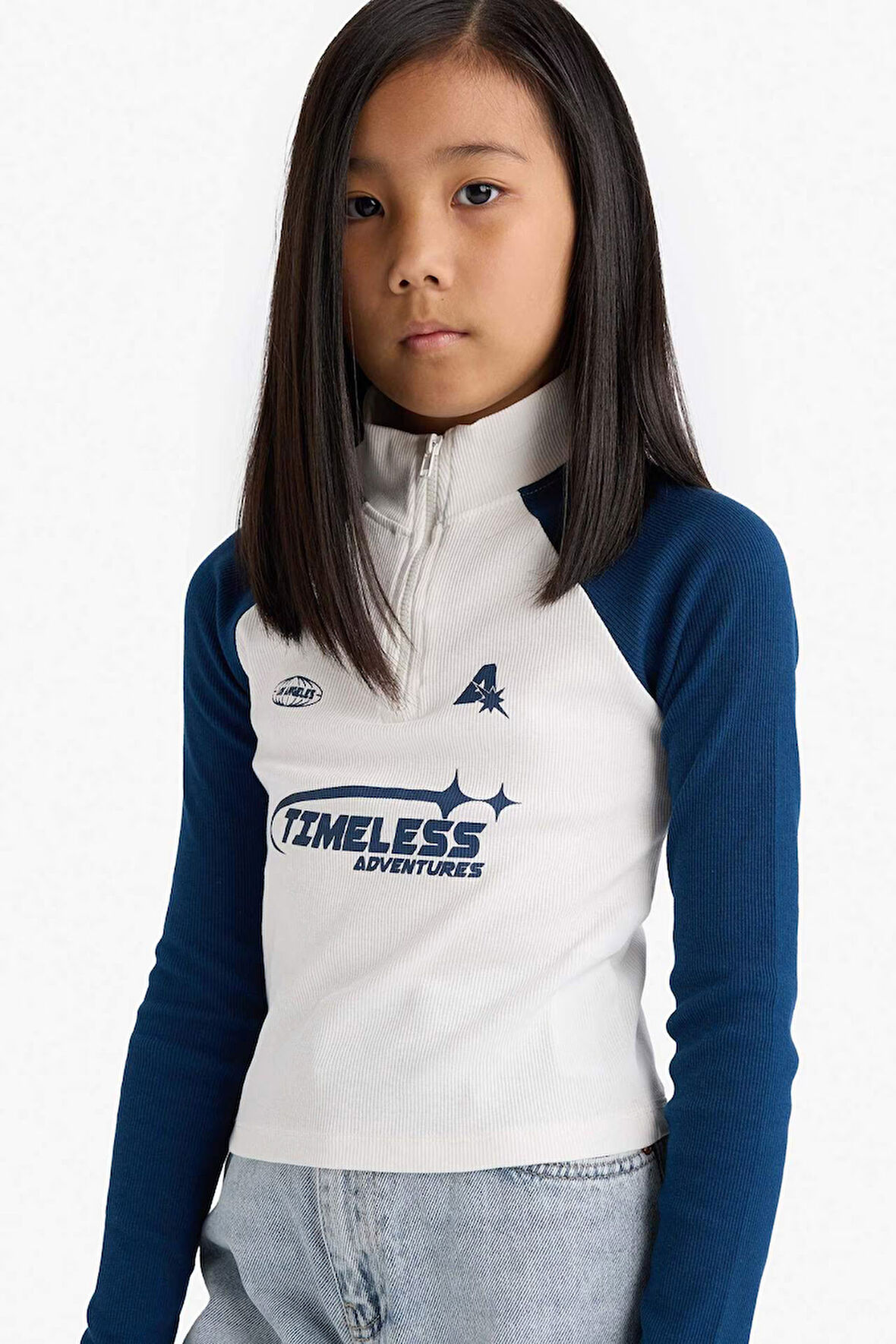 Kız Çocuk Fitted Balıkçı Yaka Slogan Baskılı Fitilli Kaşkorse Uzun Kollu Tişört