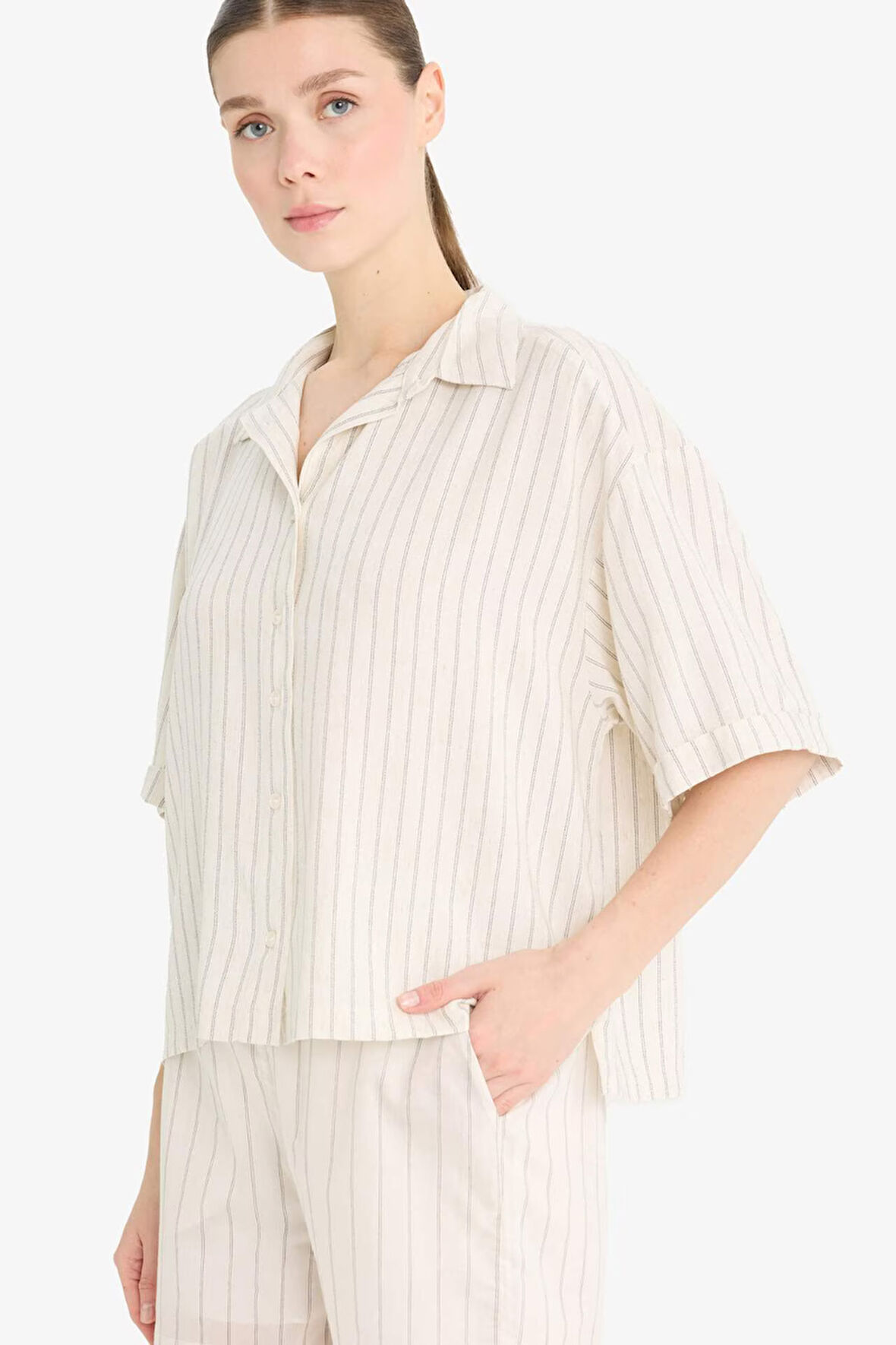 Loose Fit Gömlek Yaka Çizgili Keten Karışımlı Kısa Kollu Gömlek