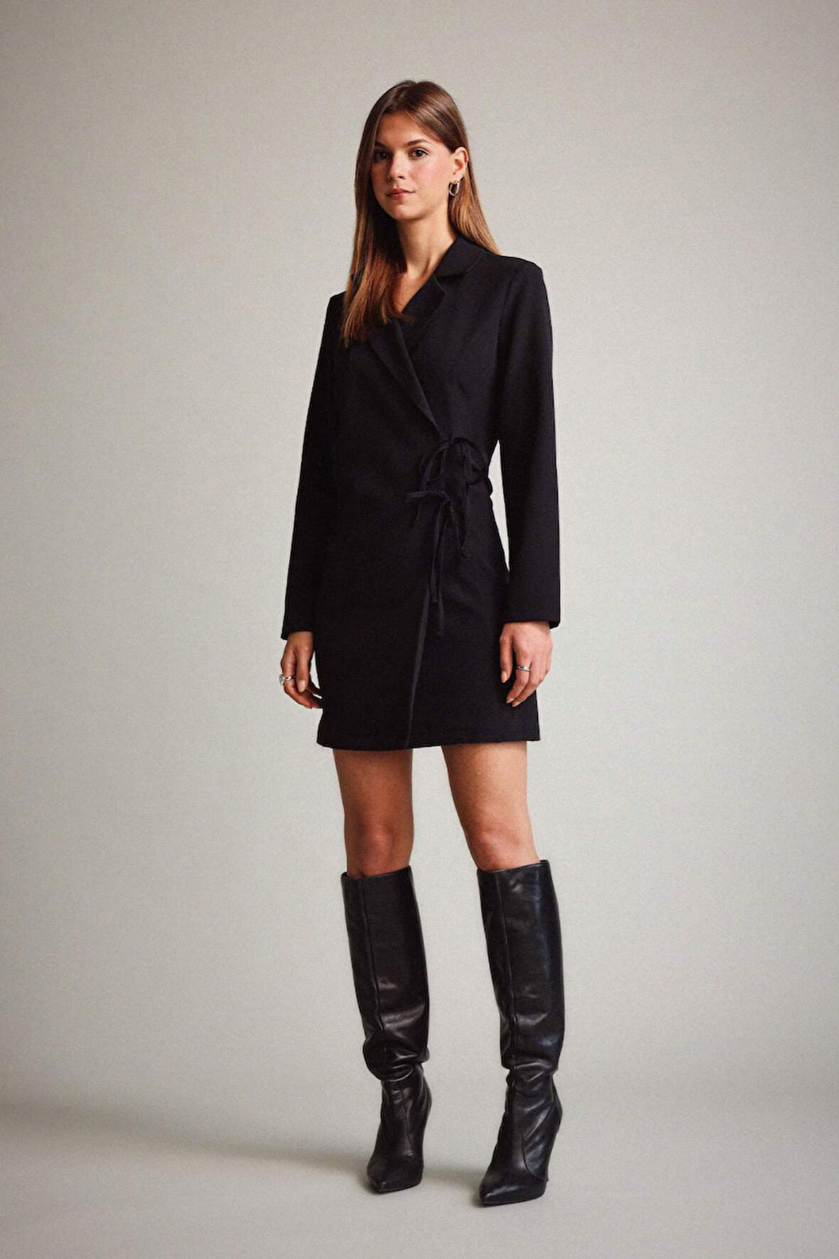 Krep Uzun Kollu Mini Elbise 